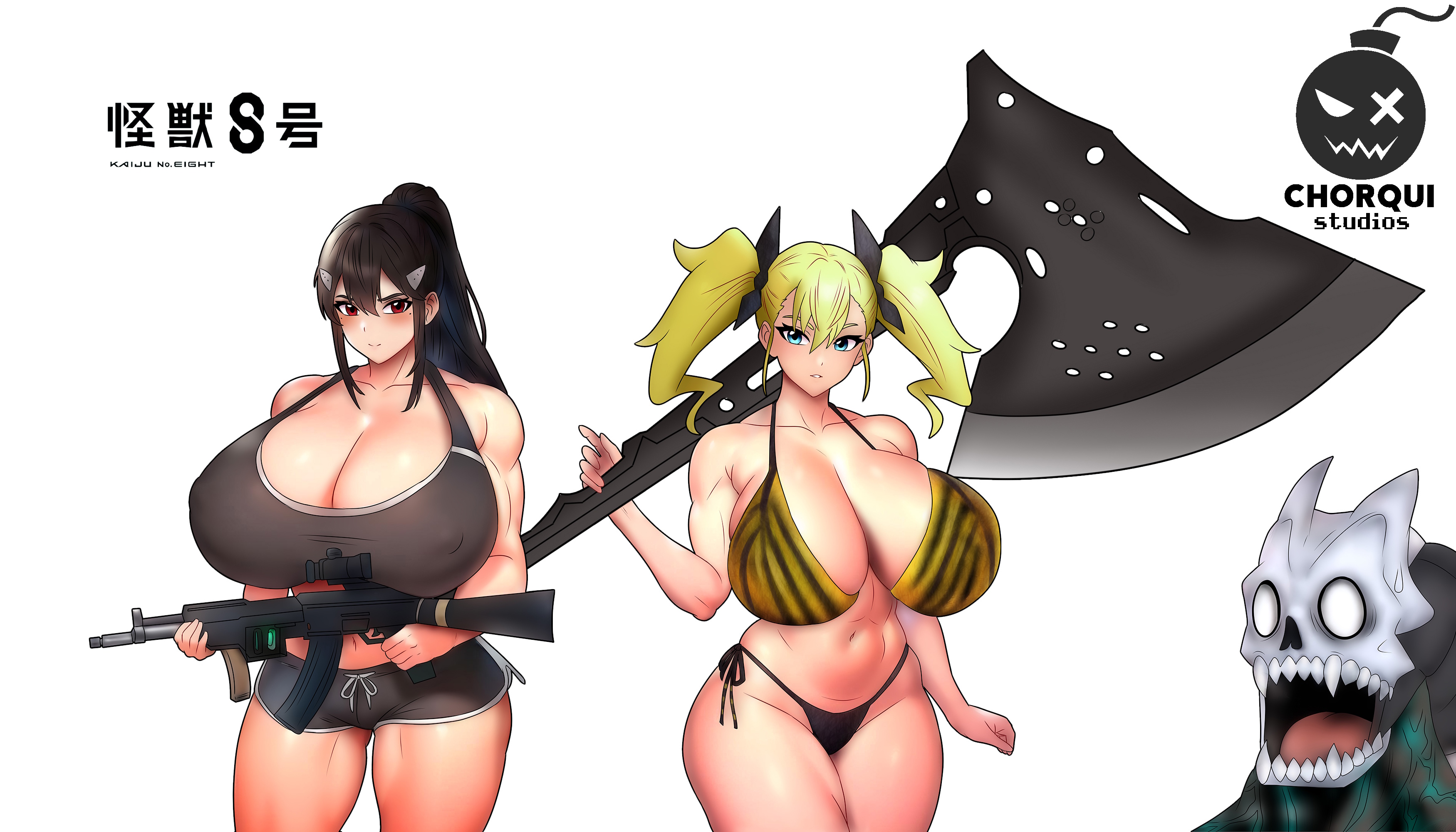 1boy, 1girls, 2girls, age difference, ass, assault rifle, axe, big ass, big breasts, bikini, bikini bottom, bikini top, black hair, blonde female, blonde hair, blue eyes, breasts, brown eyes, chorquistudios, female, funny, funny face, horns, huge breasts, kafka hibino, kaiju, kaiju no.8, kikoru shinomiya, looking at another, looking at viewer, male, milf, mina ashiro, monster, muscular, muscular female, muscular male, parody, shocked, shocked expression, size difference, smile, smiling, smiling at viewer, sports bra, sports shorts, sports uniform, sweat, sweatdrop, yellow bikini