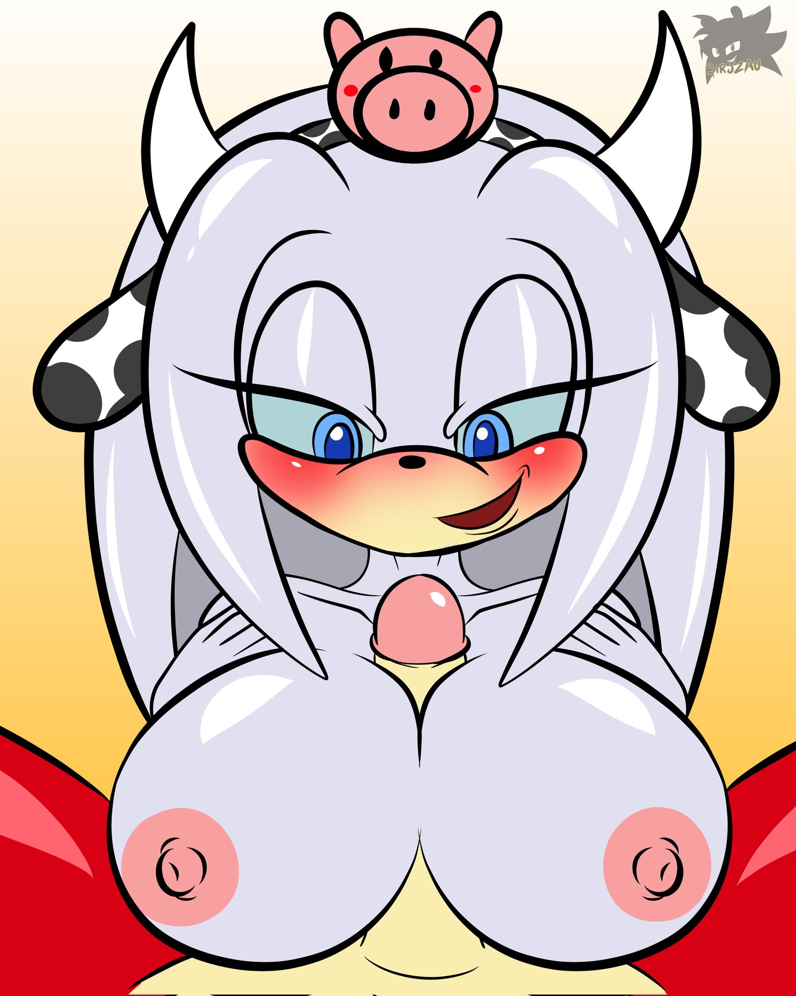 after transformation, anthro, big breasts, bimbofication, blush, breasts, cock, corruption, cow print, female, incubus (project x), incubus corruption (project x), looking at penis, male, mind control, paizuri, penis, post-transformation, pov, project x love potion disaster, seductive look, sirjzau, smile, sonic (series), straight, titjob, transformation, zeta the echidna