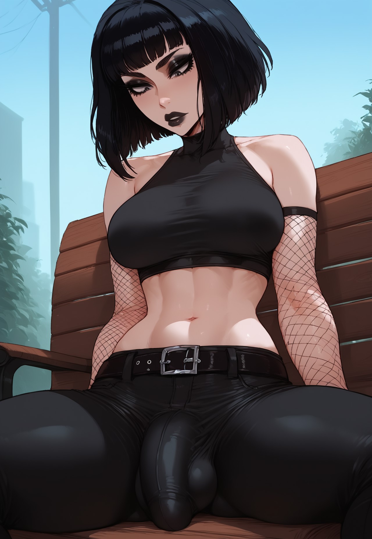 1futa, ai generated, armwarmer, ass, balls, bangs, belly, belly button, belt, big ass, big belt, big breasts, big butt, big hips, big penis, black eyebrows, black eyelashes, black eyeliner, black eyes, black eyeshadow, black hair, black lip, black lips, black lipstick, black pants, black shirt, breasts, bulge, bulge through clothing, bulge under clothes, character request, cleavage, dick, dickgirl, eyebrows, eyelashes, eyeliner, eyes, eyeshadow, female, fishnet, fishnet arm warmers, fishnet armwear, fishnet gloves, fishnets, futa focus, futa only, futanari, goth, goth futa, goth girl, gothic, gothic girl, grin, grinning, grinning at viewer, hair, hands-free, huge cock, indoors, intersex, latex clothing, latex pants, lips, lipstick, long hair, looking at viewer, makeup, medium breasts, medium hair, medium penis, midriff, mouth, narrow waist, narrowed eyes, navel, navel line, nose, original, original character, pants, pants bulge, penis, sadism, seducing, seductive, seductive eyes, seductive gaze, seductive look, seductive mouth, seductive pose, seductive smile, shirt, short hair, smile, smile at viewer, smiley face, smooth balls, smooth penis, smooth skin, solo, solo dickgirl, solo focus, solo futa, tank top, testicles, top wea, topwear, valerie (velarin), velarin