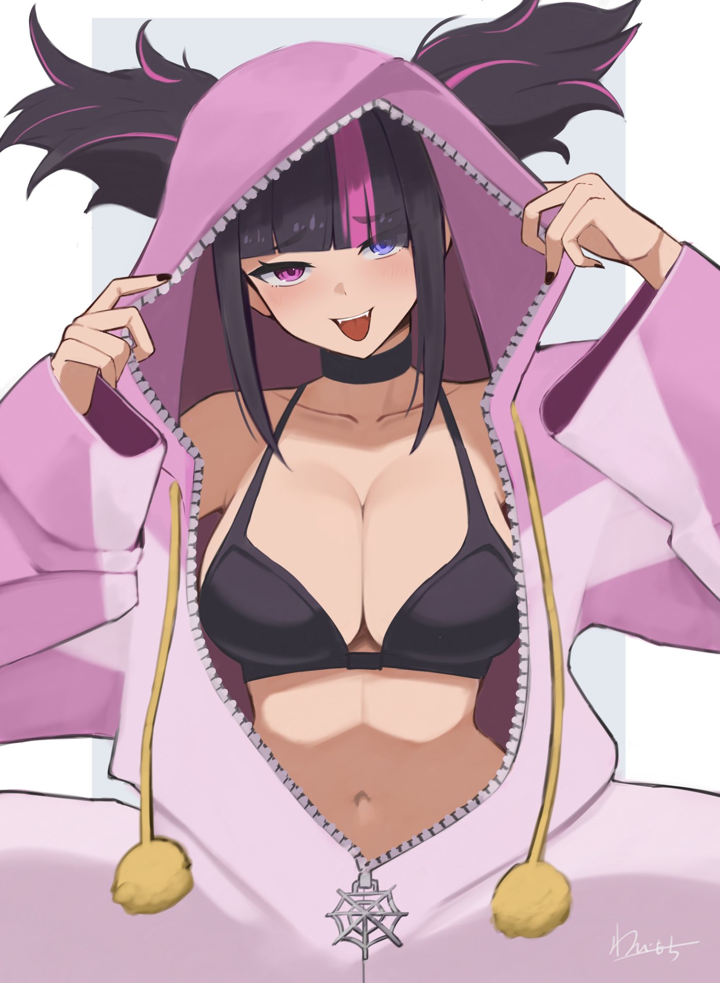 1girls, adult, adult female, bare belly, bare chest, bare hands, bare midriff, bare navel, bare shoulders, bare skin, belly, belly button, big breasts, black bra, black choker, black fingernails, black hair, black nail polish, black nails, black underwear, black-haired female, blue eyes, blue-eyed female, blunt bangs, bra, breasts, busty, busty female, choker, cleavage, collarbone, exposed belly, exposed chest, exposed midriff, exposed navel, exposed shoulders, exposed skin, eyebrows visible through hair, female, female focus, female only, fingernails, fingers, heterochromia, high resolution, highres, hoodie, juri han, large breasts, lean figure, long hair, looking at viewer, mature, mature female, midriff, multicolored hair, nail polish, nails, narrow waist, navel, open mouth, open mouth smile, parted lips, pink hair, pink-haired female, plump breasts, purple eyes, purple-eyed female, shoulders, sidelocks, simple background, slender body, slender waist, slim waist, smile, smiley face, smiling, smiling at viewer, solo, street fighter, street fighter 6, tongue, twintails, twintails (hairstyle), underwear, upper body, upper teeth, wabi illust, wabimochi, white background