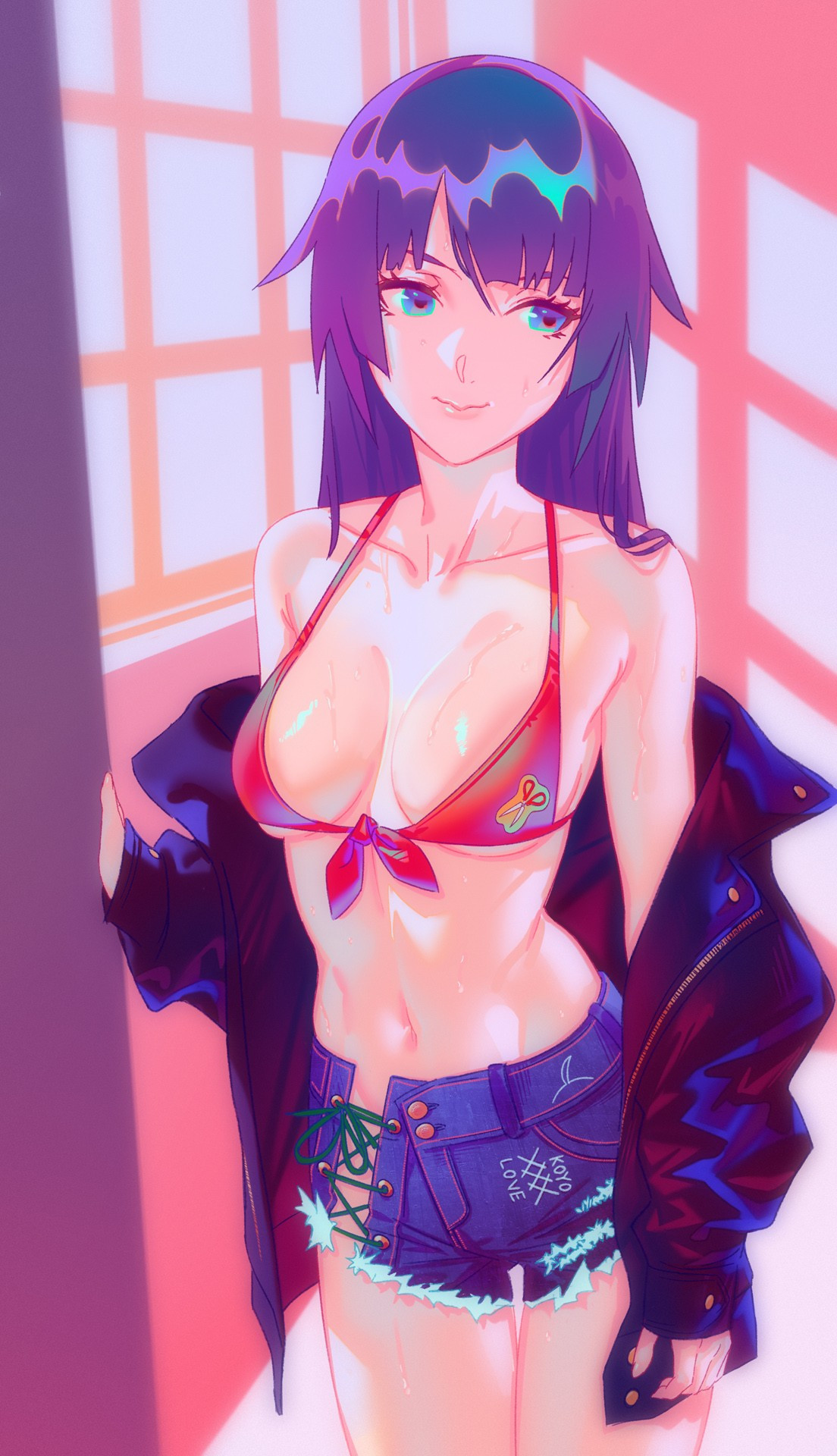1girls, bakemonogatari, bare belly, bare chest, bare hands, bare legs, bare midriff, bare navel, bare shoulders, bare skin, belly, belly button, bikini, bikini top, black coat, black jacket, blue eyes, blue-eyed female, breasts, busty, busty female, busty teenager, cleavage, closed mouth smile, coat, collarbone, eruart, exposed belly, exposed chest, exposed legs, exposed midriff, exposed navel, exposed shoulders, exposed skin, female, female focus, female only, fingers, front-tie bikini, front-tie bikini top, groin, half naked, half nude, halterneck, high resolution, high school student, highres, indoor, indoor nudity, indoors, jacket, jean shorts, lean figure, lips, long hair, looking at viewer, medium breasts, midriff, monogatari (series), naked, naked female, naked woman, narrow waist, navel, nude, nude female, nudity, open coat, open jacket, purple eyebrows, purple hair, purple-haired female, red bikini, red bikini top, red string bikini, red swimsuit, red swimwear, schoolgirl, semi nude, senjougahara hitagi, shoulders, sidelocks, slender body, slender waist, slim waist, smile, smiley face, smiling, smiling at viewer, smirk, solo, standing, string bikini, swimsuit, swimwear, teenage female, teenager, thigh gap, thighs, upper body, wide hips, young female, young woman