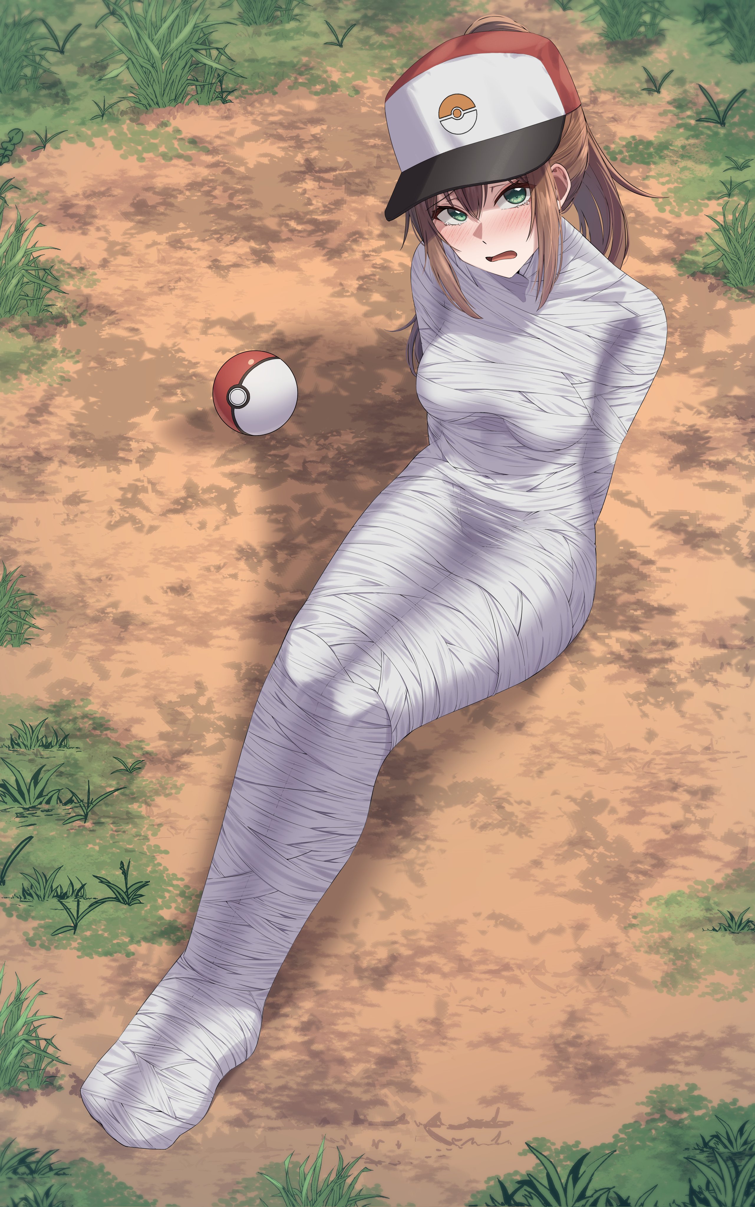 1girls, bondage, bound, brown hair, captured, cocoon, crying, female, female protagonist (pokemon go), green eyes, hat, looking at viewer, mummification, nintendo, pokeball, pokemon, pokemon go, pokemon trainer, restrained, sad, silk, sitting, solo, spider web, tears, tied, tied up, web, web bondage