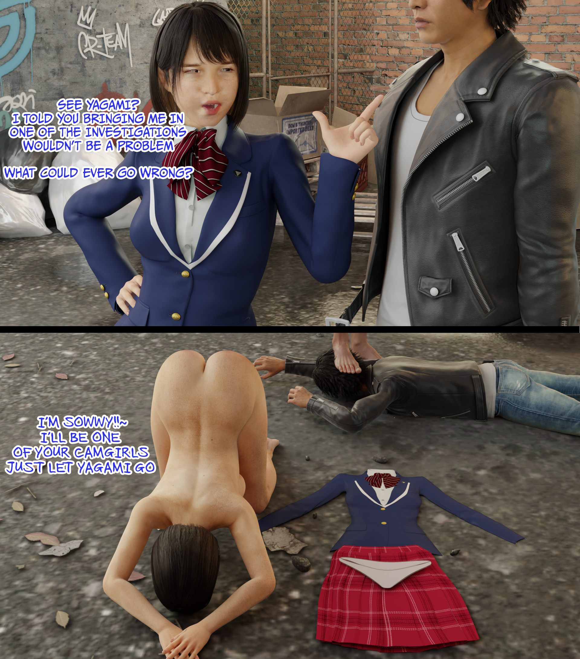 1girls, 2boys, 2koma, 3d, amasawa kyoko, blender, cheating, clothes on floor, defeated, defeated heroine, dogeza, female, instant loss 2koma, judge eyes, lost judgment, male, naked dogeza, naked female, netorare, oshino3d, ryuu ga gotoku, school uniform, schoolgirl, tagme, takayuki yagami, text, white panties