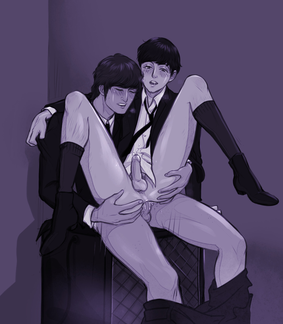 2boys, anal, anal sex, ass, bandmates, blush, bottomless, cum in ass, cum while penetrated, half-dressed, human, john lennon, male, male/male, mclennon, partially clothed, paul mccartney, real person, skinny, sweat, the beatles, yaoi