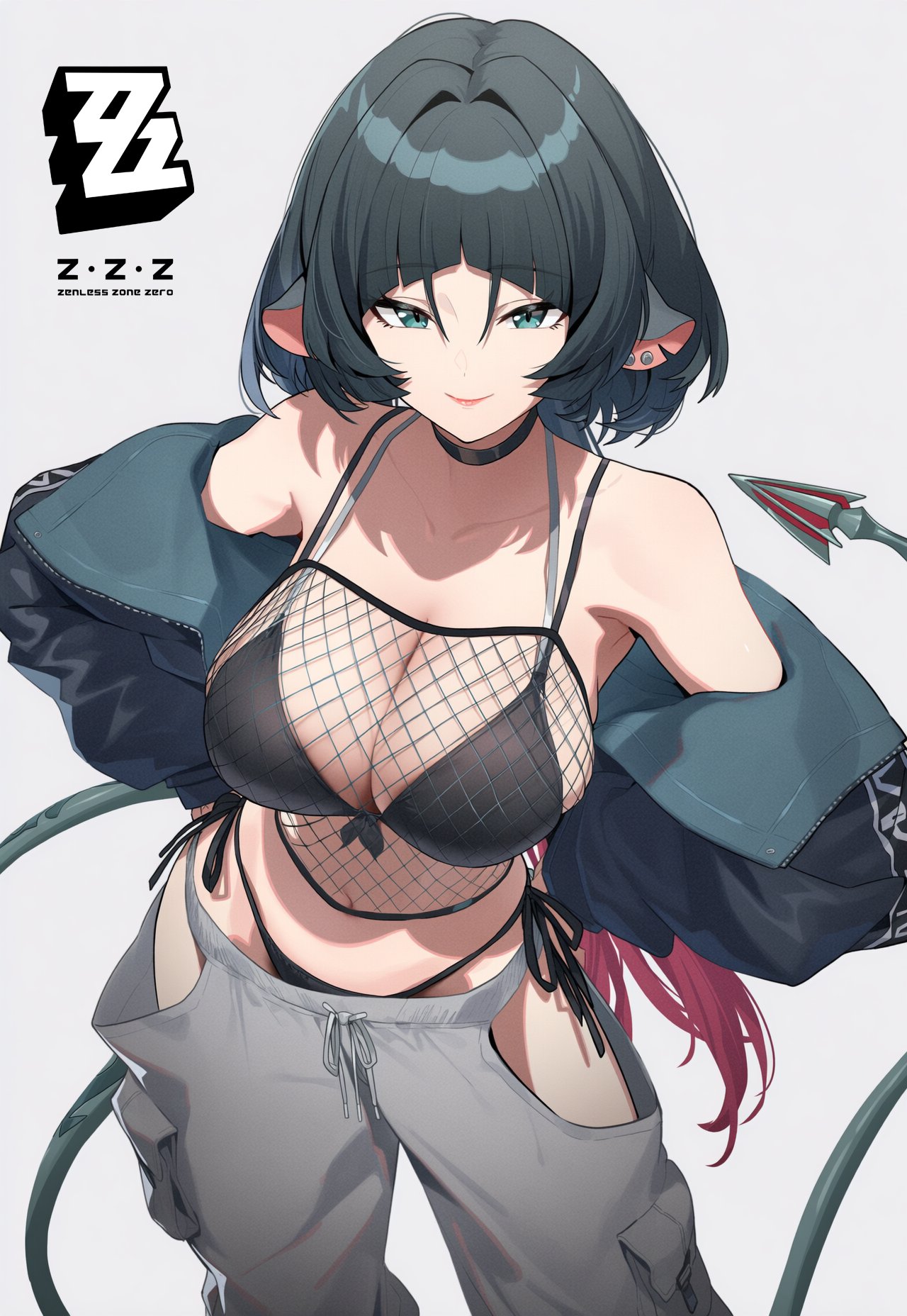 1girls, ai generated, animal ears, bikini, black bikini, curvy, female, fishnets, green eyes, highres, jane doe (zenless zone zero), long tail, mouse ears, mouse girl, mouse tail, navel, sharp tail, simple background, smile, solo, swimsuit, tail, white background, yuneillusts, zenless zone zero