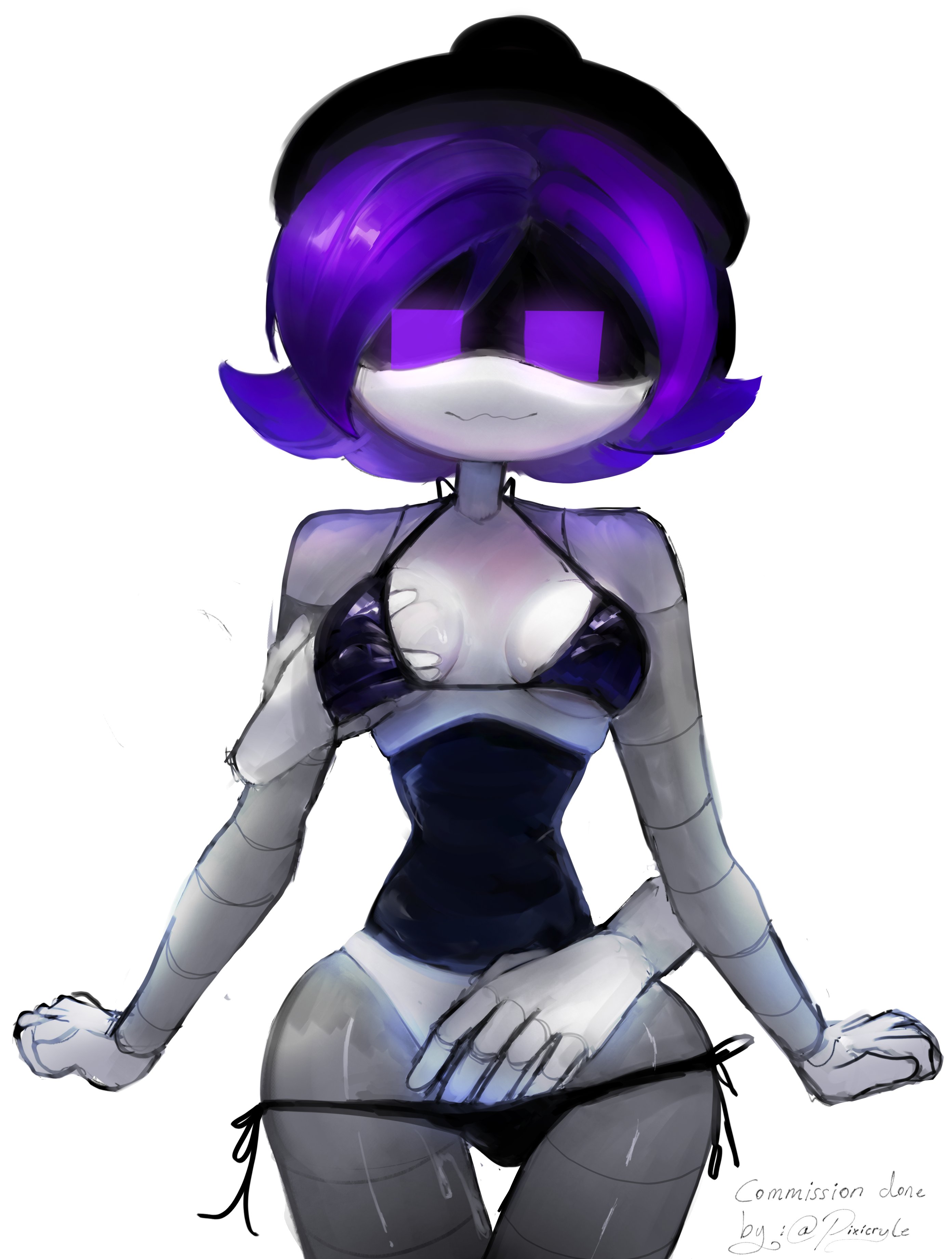 :3, 1girls, beanie, black bra, black underwear, breasts, crylebee, female, glitch productions, hand on breast, latex, latex bra, latex underwear, murder drones, purple eyes, purple hair, pussy, smug, touching breast, touching pussy, underwear, uzi (murder drones)