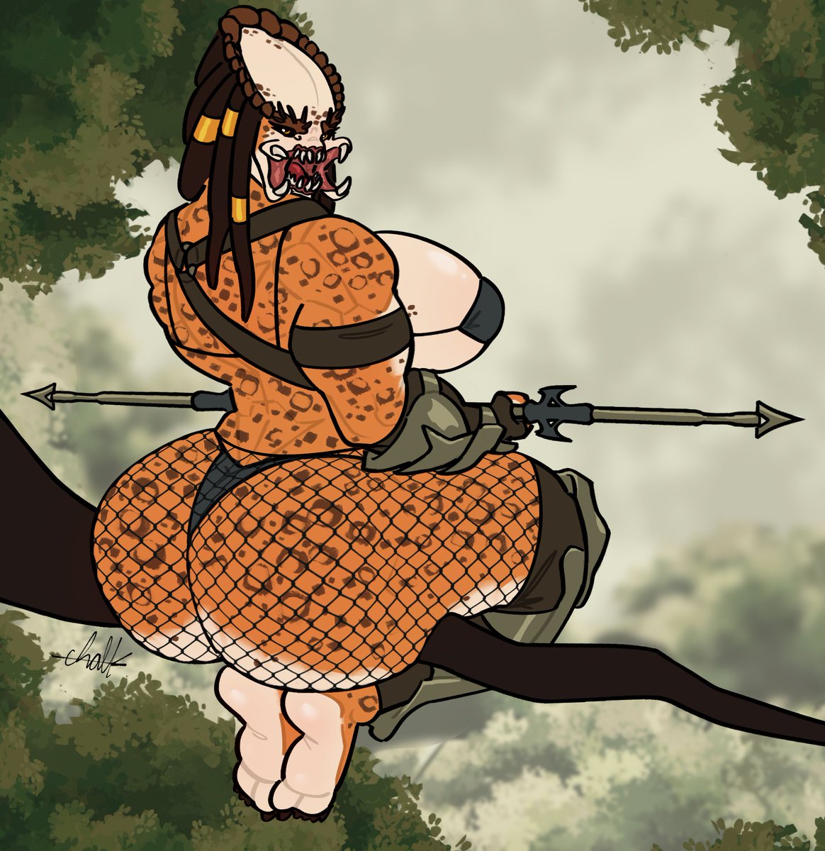 1girls, alien, alien girl, alien humanoid, ass, barefoot, big ass, big breasts, bikini, breasts, countershading, dreadlocks, female, female yautja, fishnets, gremlinchalk, huge ass, huge breasts, jungle, looking at viewer, looking back, mandibles, muscular, muscular female, predator (franchise), sharp teeth, sitting, spots, thick thighs, thighhighs, tree, yautja