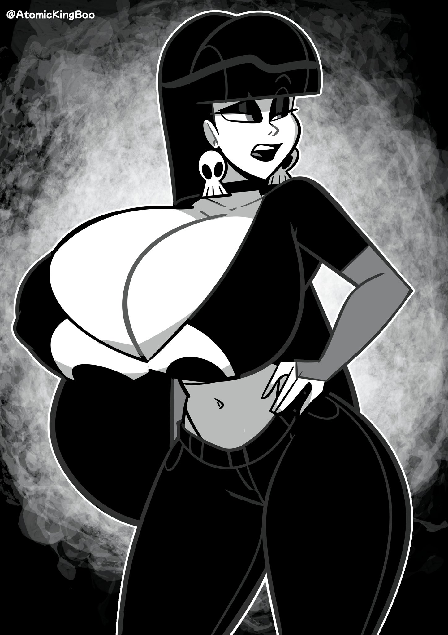 1girls, 2025, alternate version, alternate version available, artist name, ass, atomickingboo, big ass, big breasts, big thighs, big tiddy goth gf, black hair, breasts, breasts bigger than head, bust, busty, chest, child bearing hips, clothed, clothed female, clothing, curvaceous, curvy, curvy female, curvy figure, digital media (artwork), earrings, english, english text, enormous breasts, female, female focus, female only, fully clothed, fully clothed female, gigantic breasts, goth, goth girl, gothic, gothic girl, green eyes, hips, huge ass, huge breasts, huge thighs, hyper breasts, large ass, large breasts, large thighs, legs, light skin, light-skinned female, lindel dollice quilten, long-haired female, massive breasts, mature, mature female, monochrome, oc, original, original character, pale skin, pale-skinned female, skull earrings, slim waist, solo, solo female, solo focus, text, the besties (atomickingboo), thick, thick hips, thick legs, thick thighs, thighs, voluptuous, waist, wide hips, wide thighs