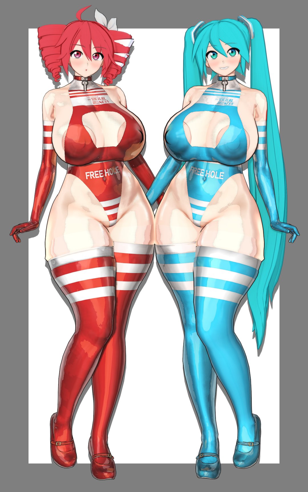 2girls 3d ahoge areola_slip areolae armwear big_breasts bikini blue_eyes blue_hair breasts breasts_bigger_than_head cleavage cleavage_cutout curvaceous curvy curvy_female curvy_figure female female_only gigantic_breasts gloves hair_ornament hairbow hatsune_miku holding_object huge_breasts idohori_people kasane_teto kasane_teto_(sv) large_breasts leotard lollipop looking_at_viewer massive_breasts micro_bikini navel navel_visible_through_clothes necktie necktie_between_breasts red_eyes red_hair sideboob striped_bikini synthesizer_v thick_thighs thighhighs thighs twin_drills twintails utau vocaloid voluptuous voluptuous_female white_background wide_hips
