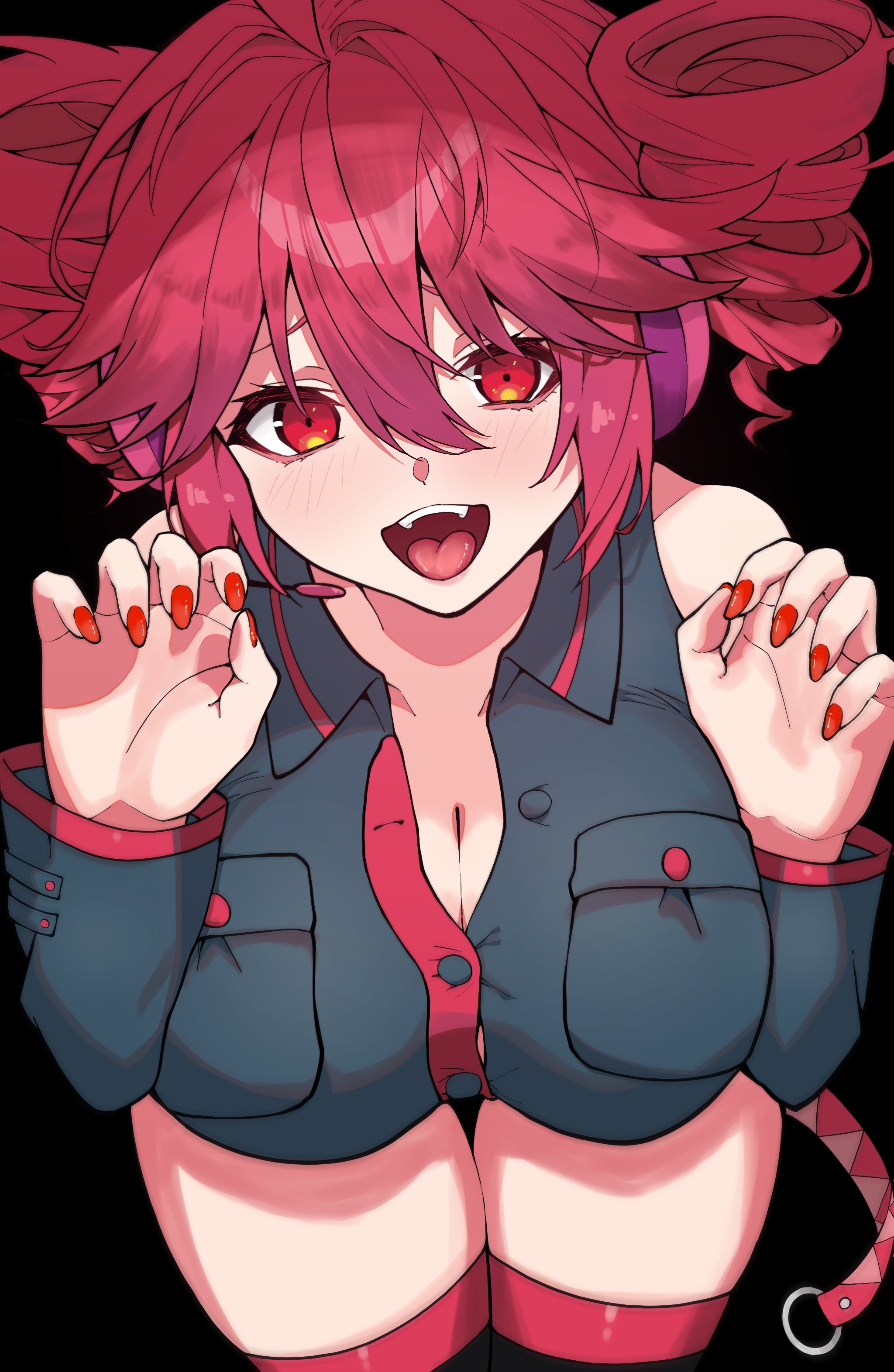 1girls, 2d, 2d (artwork), absolute territory, ahoge, bending over, big breasts, black background, blush, blushing, breasts, button gap, cat pose, cleavage, clothed, clothed female, clothing, detached sleeves, female, female only, headgear, huge breasts, kasane teto, large breasts, leaning forward, michihirogswr, nail polish, open mouth, painted nails, partially unbuttoned, red eyes, red hair, red nails, skindentation, solo, solo female, strained buttons, thick thighs, thigh gap, thighhighs, thighs, tongue, twin drills, unbuttoned, unbuttoned shirt, utau