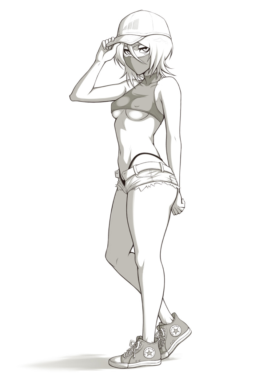 1girls, bleach, blushing, breasts, cap, converse shoes, crop top, denim shorts, face mask, female, female only, full body, kuchiki rukia, looking at viewer, mask, masked, masked female, midriff, mistowing, monochrome, shorts, skimpy bikini, skimpy clothes, solo, standing, sweat, sweatdrop, sweating, sweaty, thighs, thong, thong bikini, tight clothing, underboob