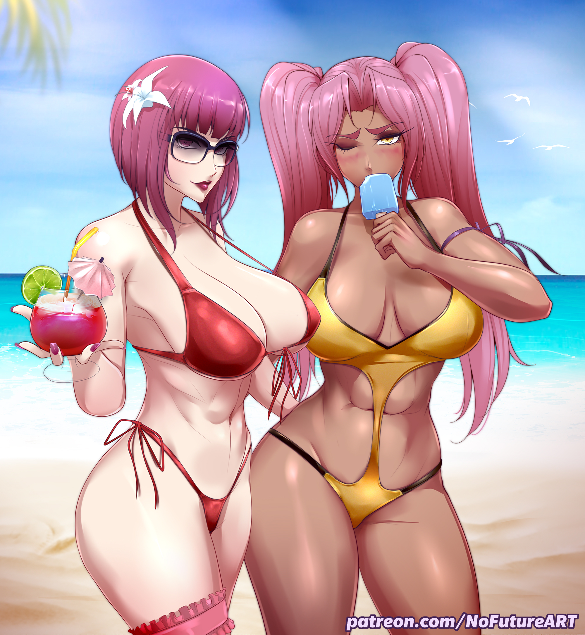 2021, 2girls, abs, bare shoulders, beach, bikini, blush, breasts, breasts apart, butt grab, cleavage, collarbone, cup, dark skin, dark-skinned female, drinking glass, eating, female, female focus, flower, food, front-tie bikini top, front-tie top, hair flower, hair ornament, highleg, highleg bikini, highres, holding, holding cup, holding food, ingrid (taimanin asagi), large breasts, long hair, looking at viewer, makai kishi ingrid, midriff, multiple females, multiple girls, nail polish, navel, nofuture, oboro (taimanin asagi), ocean, one eye closed, patreon username, pink eyes, pink hair, popsicle, purple hair, purple nails, purple-tinted eyewear, purple-tinted glasses, red bikini, red lips, seaside, short hair, side-tie bikini bottom, smile, standing, strap gap, sunglasses, swimsuit, taimanin (series), taimanin asagi, taimanin asagi battle arena, thighs, tinted eyewear, underboob, watermark, web address, yellow bikini, yellow eyes, yuri