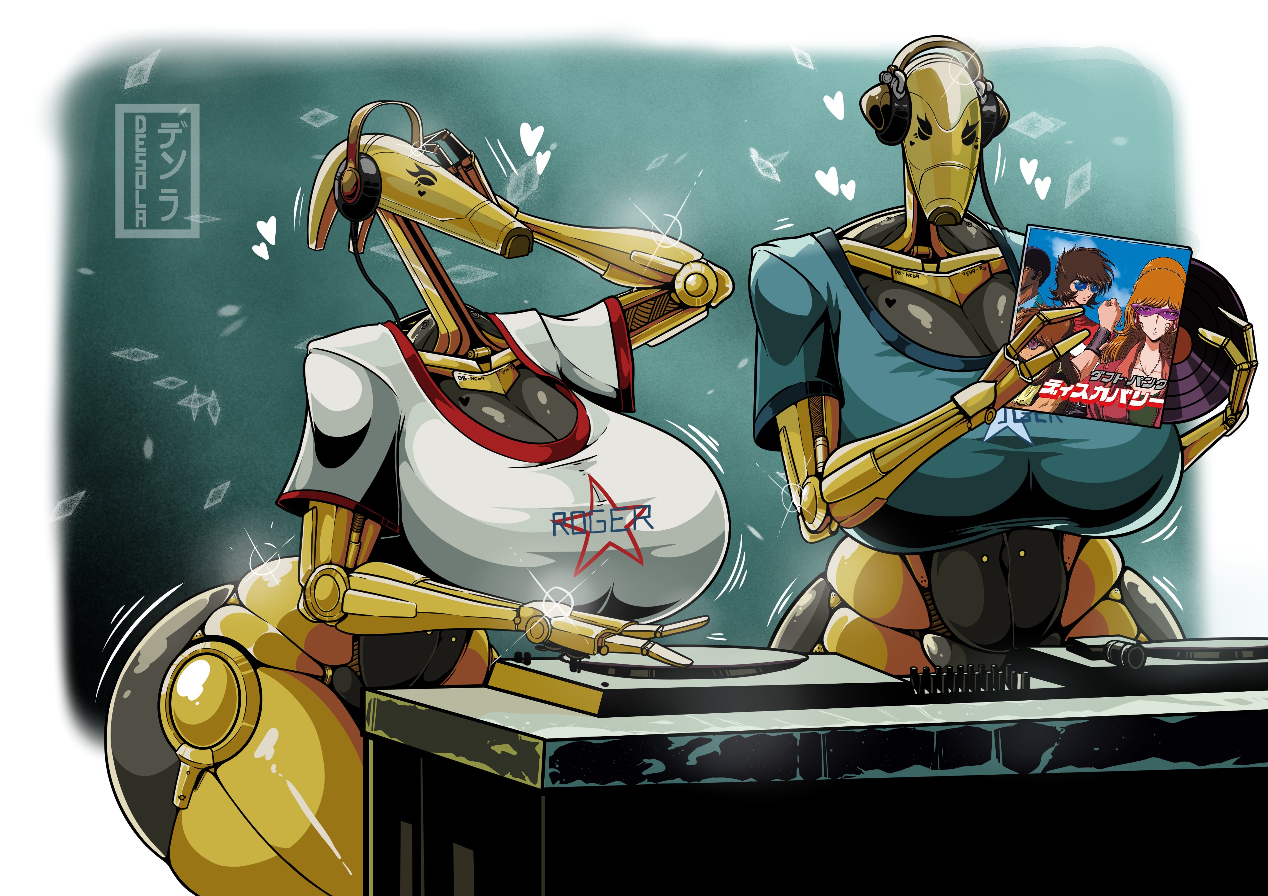 2girls, ass, b1 battle droid, battle droid, belly, belly button, belly button piercing, big ass, big breasts, boobs bigger than head, breasts, clanker, desola, disc jockey, dj, dj battle droid, dj equipment, droid (star wars), fat ass, female, gynoid, headphones, heart symbol, movement lines, robot, robot girl, robot humanoid, shiny butt, shiny skin, shirt, shirt only, simple background, star wars, tagme, thick thighs, turntable, turntable (decks), turntable (record player), watermark