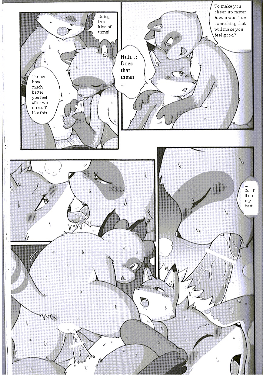 anthro blush canine comic dialog duo fellatio fox french_kiss kissing love mammal mikazuki_karasu nude oral oral_sex penetration penis pokko raccoon sex text tongue translated tsuki vaginal_penetration