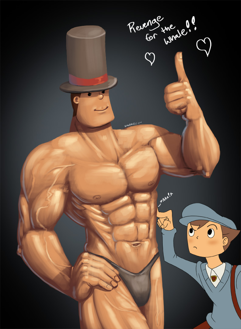 <3 brown_hair duo english_text hershel_layton luke_triton male male_only muscular muscular_male professor_layton smile tagme thong top_hat topless vein