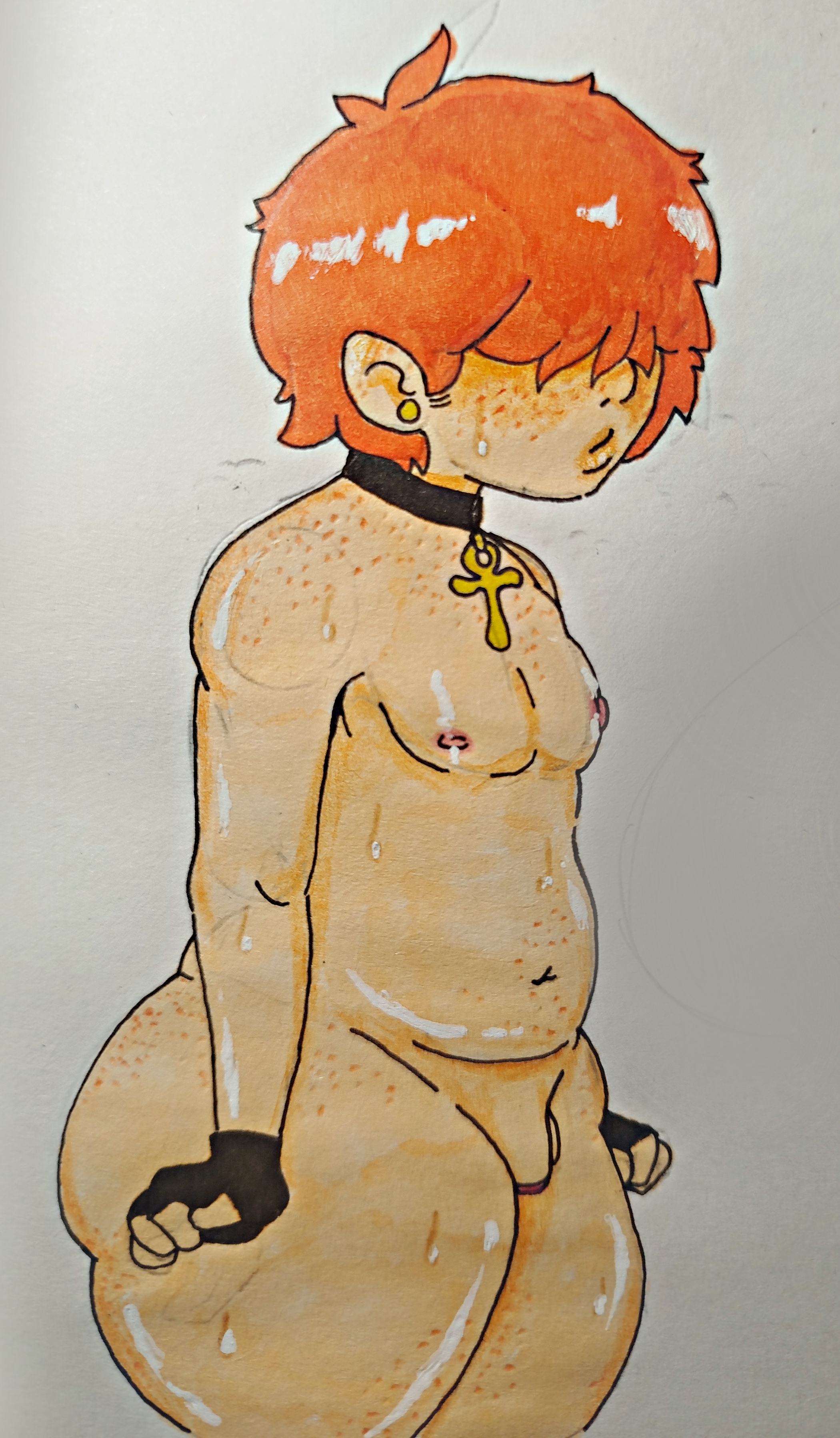 1boy, ankh, balls, belly, choker, chubby, chubby femboy, chubby male, curvy figure, femboy, fingerless gloves, freckles, freckles on ass, freckles on face, freckles on shoulders, gay, ginger, hair over eyes, krendel, male, male only, orange hair, original character, penis, red hair, solo, solo male, sweat, thick thighs, tiny penis, traditional media (artwork), yaoi