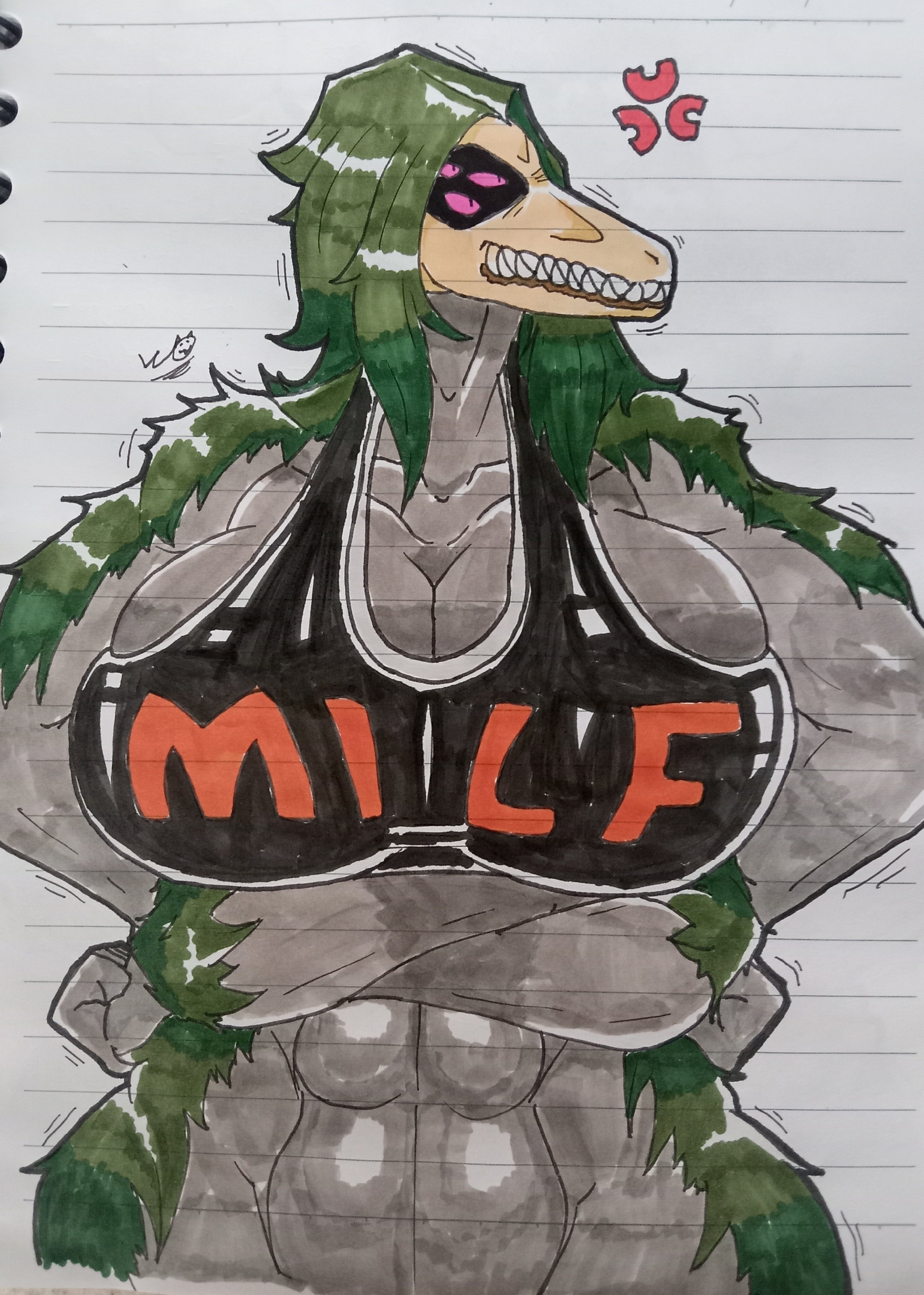 1girls, 4 arms, abs, big breasts, breasts, female, huge breasts, little cat, monster, monster girl, multi arm, multi limb, scp foundation, scp-682, skull head, solo, tank top