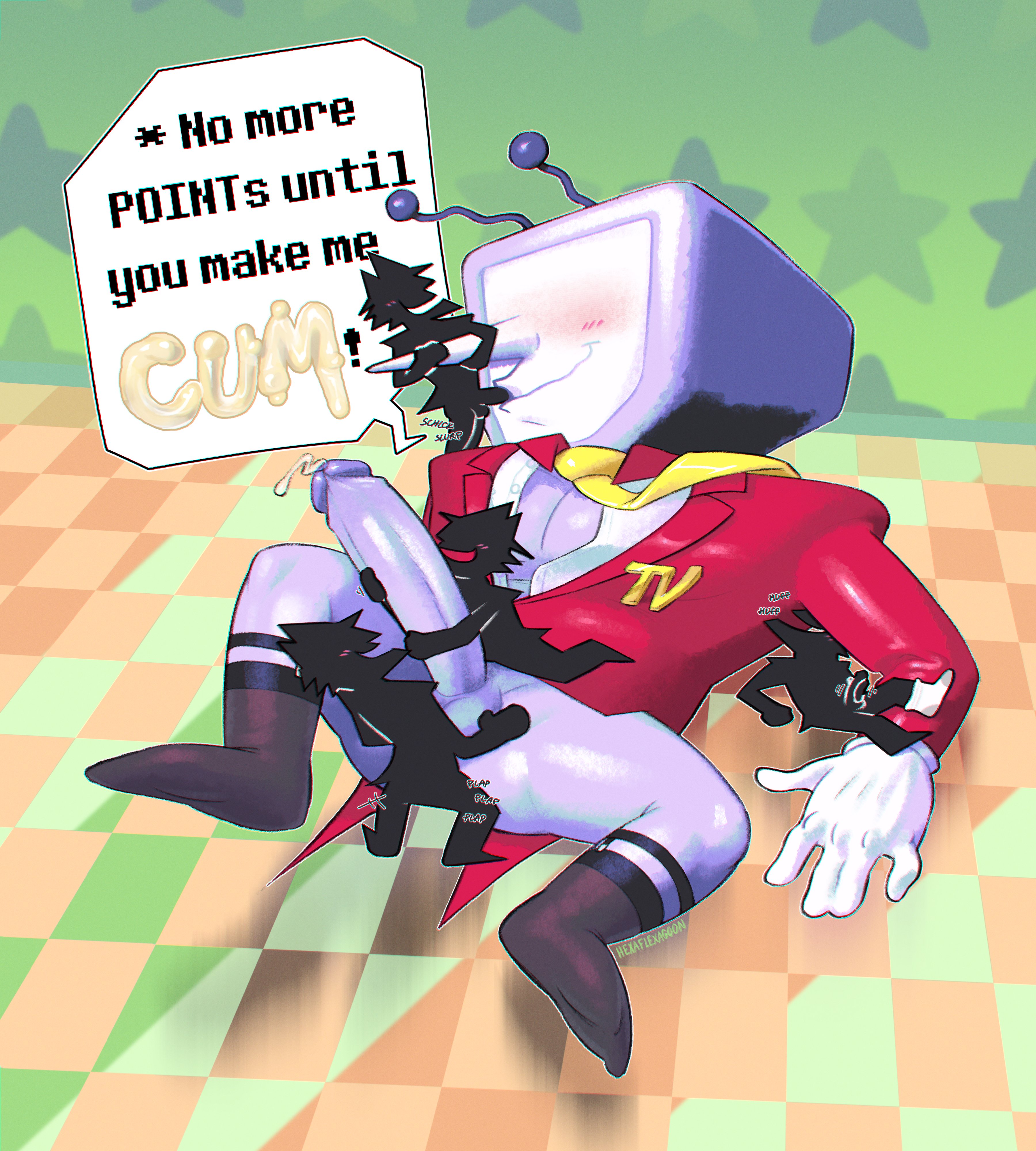 anal, anal sex, blush, deltarune, deltarune chapter 3, gangbang, gay, gay sex, hexaflexagoon, male, multiple boys, multiple males, non-human, non-human only, object head, shadowguy (deltarune), size difference, tenna (deltarune), tv head, yaoi