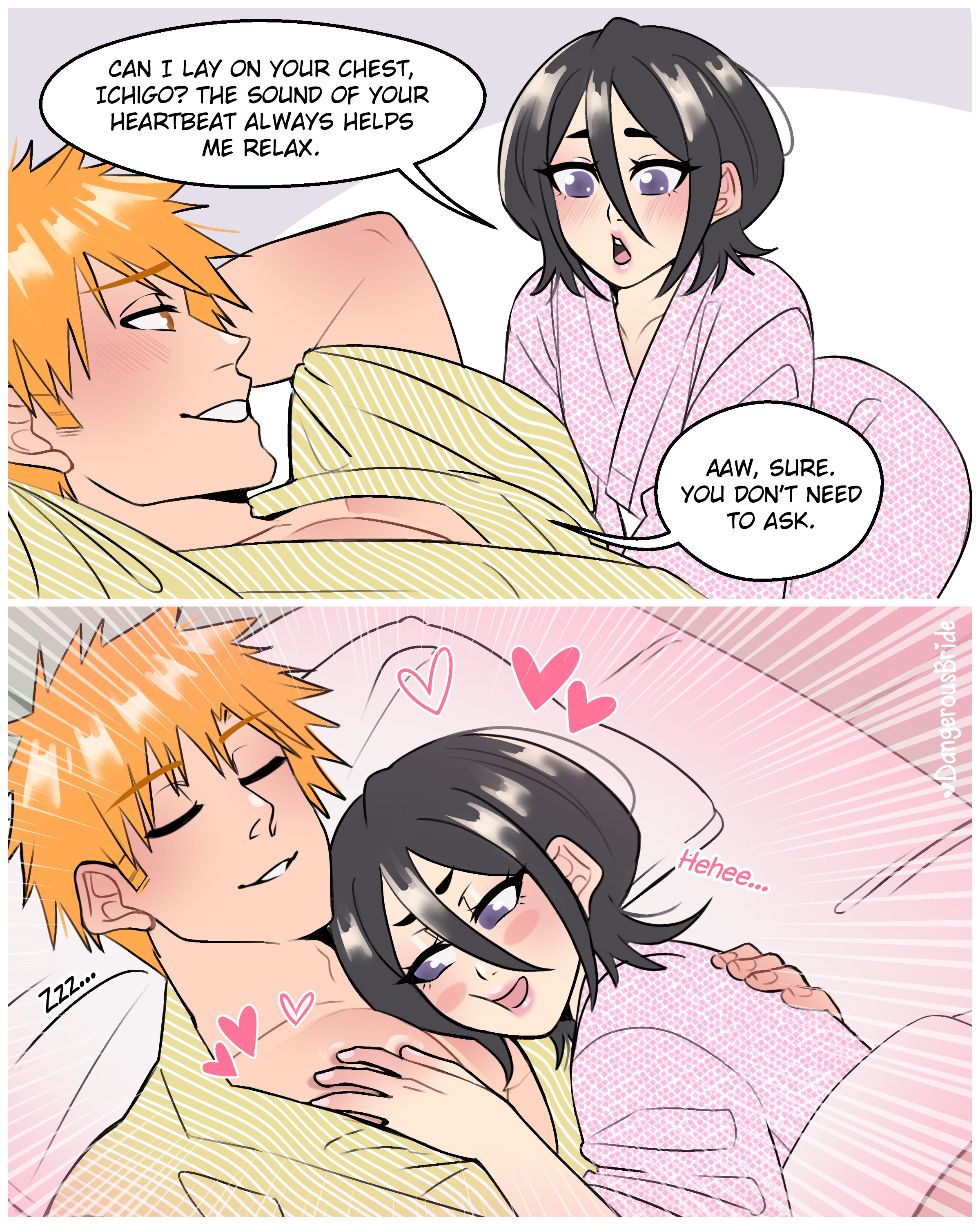1boy, 1girls, black hair, bleach, blush, brown eyes, cheek spots, cuddling, dangerousbride, dialogue, english text, female, heart, ichigo kurosaki, kuchiki rukia, male, orange hair, purple eyes, speech bubble, very high resolution, wholesome