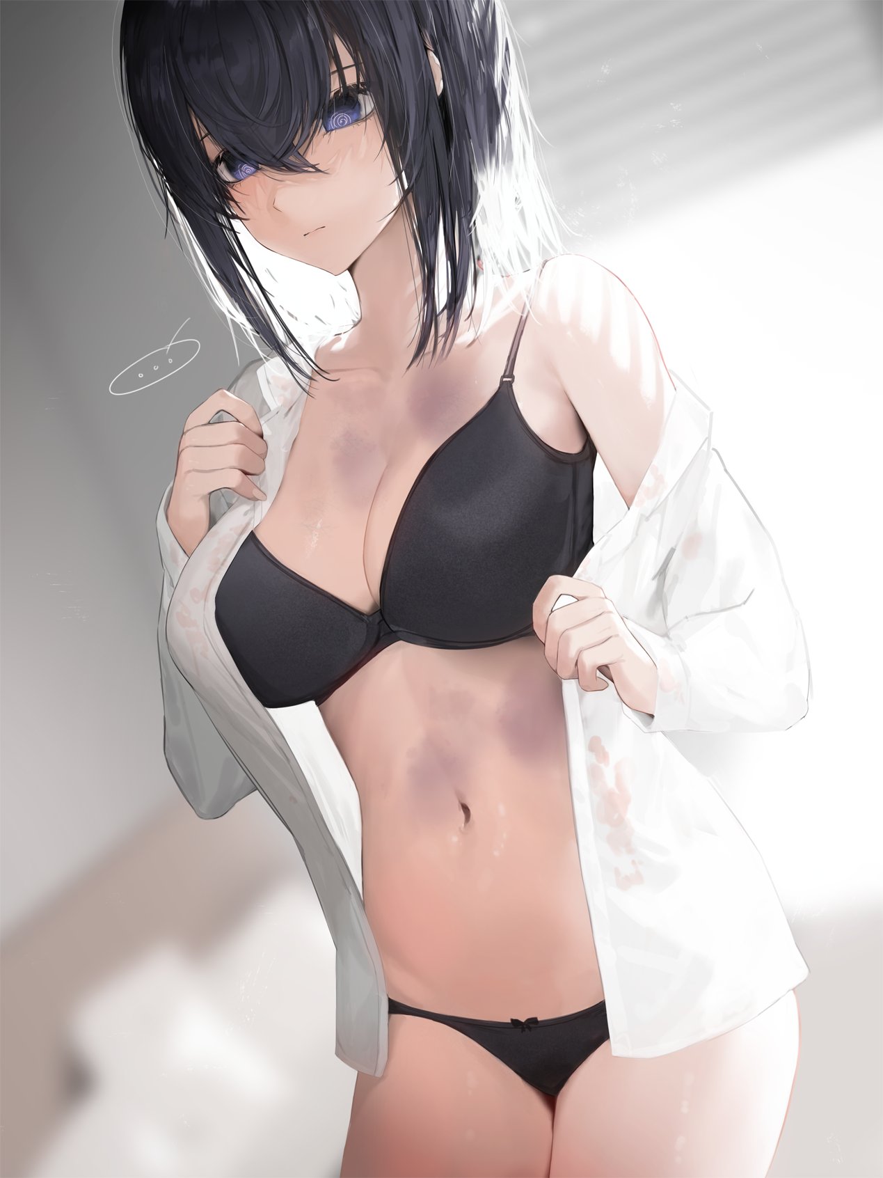 1girls, adult, adult female, bangosu, bare belly, bare chest, bare hands, bare legs, bare midriff, bare navel, bare shoulders, bare skin, bare thighs, belly, belly button, black bra, black hair, black panties, black underwear, black-haired female, blue eyes, blue-eyed female, blurred background, blurry background, bra, breasts, bruises, busty, busty female, cleavage, collarbone, curvaceous, curvaceous body, curvaceous female, curvaceous figure, curvaceous hips, curvy, curvy body, curvy female, curvy figure, curvy hips, exposed belly, exposed chest, exposed legs, exposed midriff, exposed navel, exposed shoulders, exposed skin, exposed thighs, exposing, exposing breasts, exposing chest, exposing self, female, female focus, female only, fingernails, fingers, groin, hair between eyes, half naked, half nude, high resolution, highres, hourglass figure, indoor, indoor nudity, indoors, large breasts, lean figure, long hair, looking at viewer, mature, mature female, midriff, naked, naked female, naked woman, narrow waist, navel, nude, nude female, nudity, open clothes, open clothing, open shirt, open topwear, original, original art, original artwork, original character, panties, ribbon panties, semi nude, shirt, shoulders, showing breasts, showing chest, slender body, slender waist, slim waist, solo, standing, thick thighs, thighs, unbuttoned, unbuttoned shirt, underwear, undressing, undressing self, upper body, white shirt, white topwear, wide hips