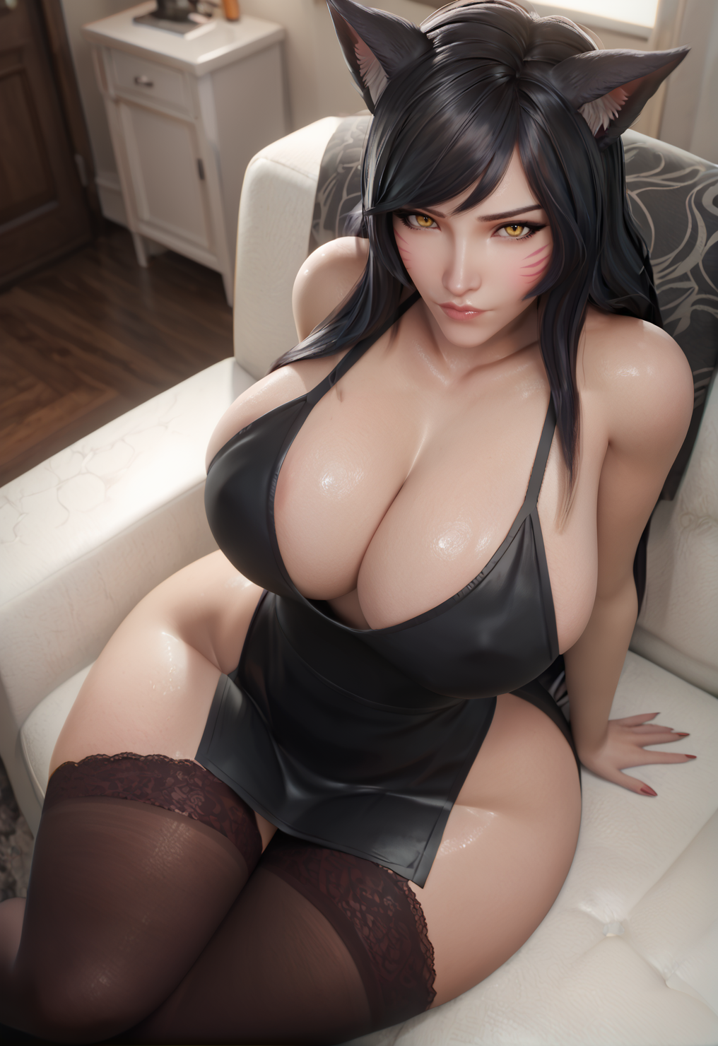 1girls, ahri, ahri (league of legends), ai generated, ass, biceps, big ass, big breasts, big butt, big nipples, black dress, black hair, breasts, curvaceous, curvaceous figure, curves, curvy, curvy body, curvy female, curvy figure, curvy hips, dress, female, female focus, female only, fox ears, fox girl, hourglass figure, huge ass, huge breasts, huge butt, human, humanoid, indoors, league of legends, light skin, light-skinned female, long hair, looking at another, looking at partner, looking at viewer, looking pleasured, looking up, riot games, sitting, solo, solo female, solo focus, stable diffusion, standing, thick, thick ass, thick legs, thick thighs, thighhighs, thighs, viewed from above, voluptuous, voluptuous female, waifusrift, yellow eyes