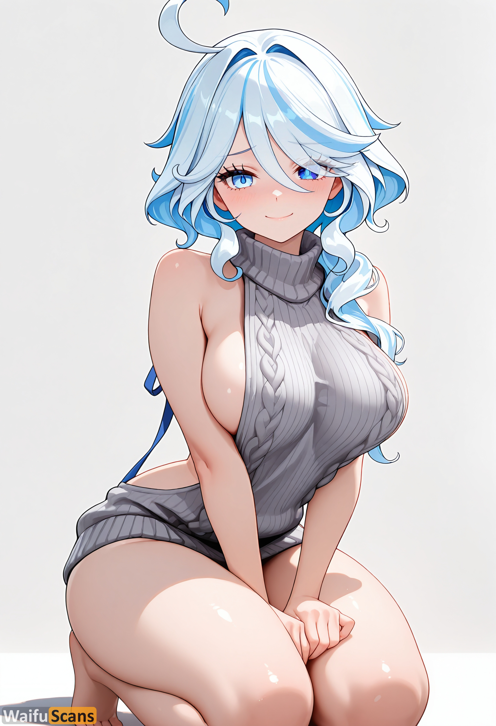 ahoge, ai generated, bangs, bare arms, bare legs, bare shoulders, barefoot, blue eyes, blue hair, blush, breasts, closed mouth, dress, female, furina (genshin impact), genshin impact, grey sweater, hair between eyes, high resolution, highres, kneeling, large breasts, long hair, looking at viewer, meme attire, multicolored hair, sideboob, simple background, smile, solo, squatting, stable diffusion, sweater, thighs, turtleneck, turtleneck sweater, virgin killer sweater, waifuscans418