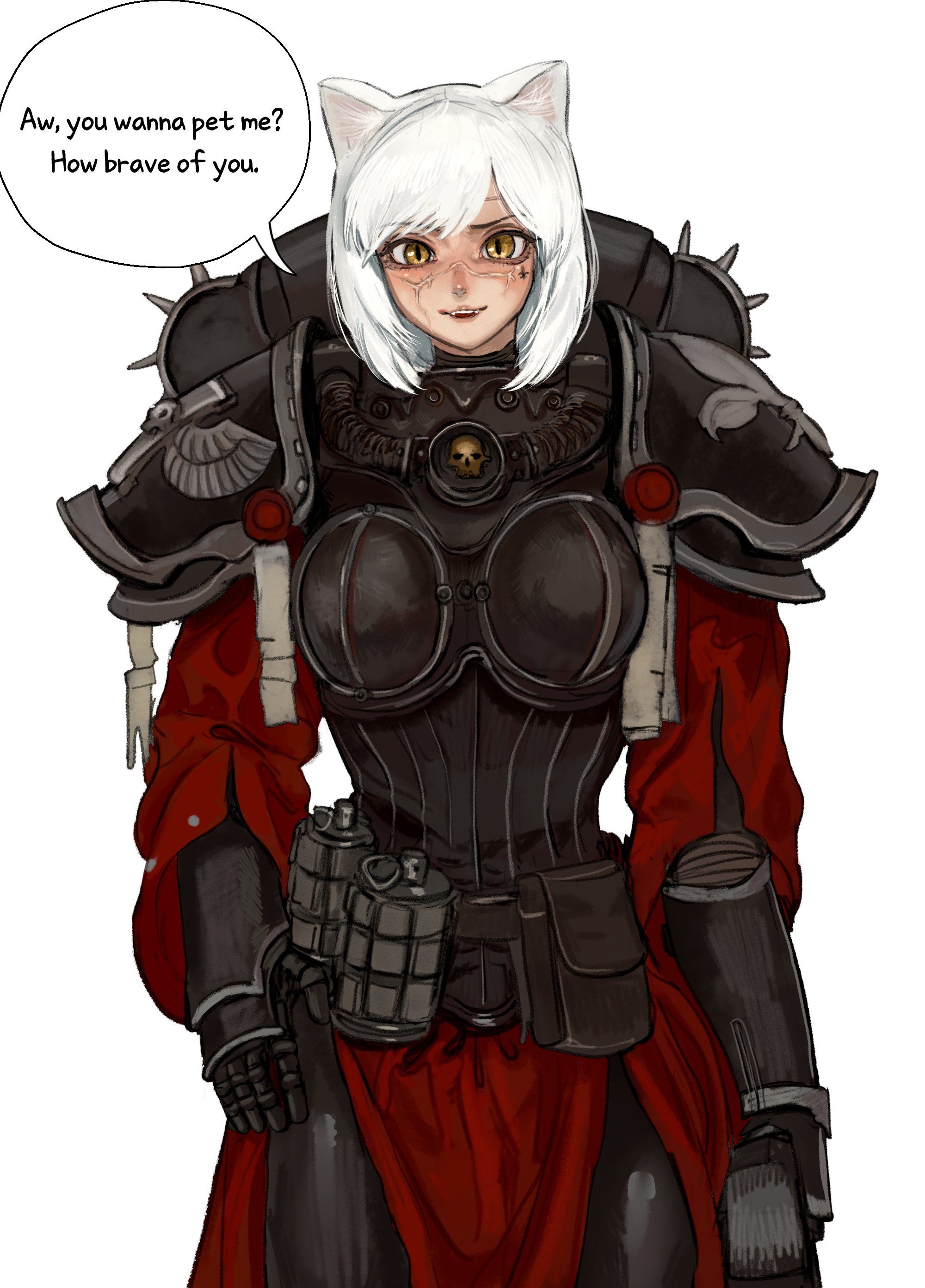 101ho, 1girls, adepta sororitas, armor, armored female, cat ears, cat girl, cat tail, catgirl, comic, fangs, felinid, felinid sisters comic (101ho), female, golden eyes, green eyes, imperium of man, pale skin, pale-skinned female, power armor, power armor (warhammer), purity seal, scar, short hair, sister of battle, warhammer (franchise), warhammer 40k, white body, white fur, white hair, white skin