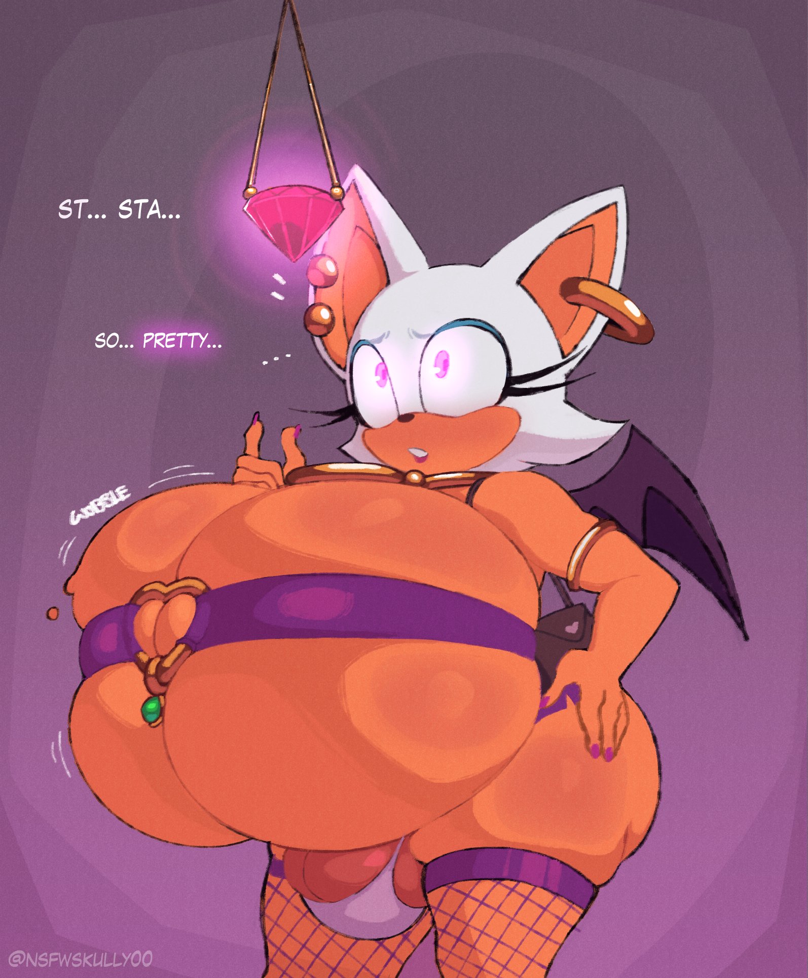 1futa, anthro, ass, autopaizuri, balls, balls in panties, bat, big ass, big breasts, breasts, chaos emerald, ear piercing, earrings, english text, enormous breasts, fishnet legwear, fishnet stockings, fishnets, futa only, futanari, gigantic breasts, huge breasts, hyper, hyper breasts, hypnosis, intersex, prostitute futa, prostitution, purse, rouge the bat, sega, shortstack, sonic (series), text, wings, zetaskully