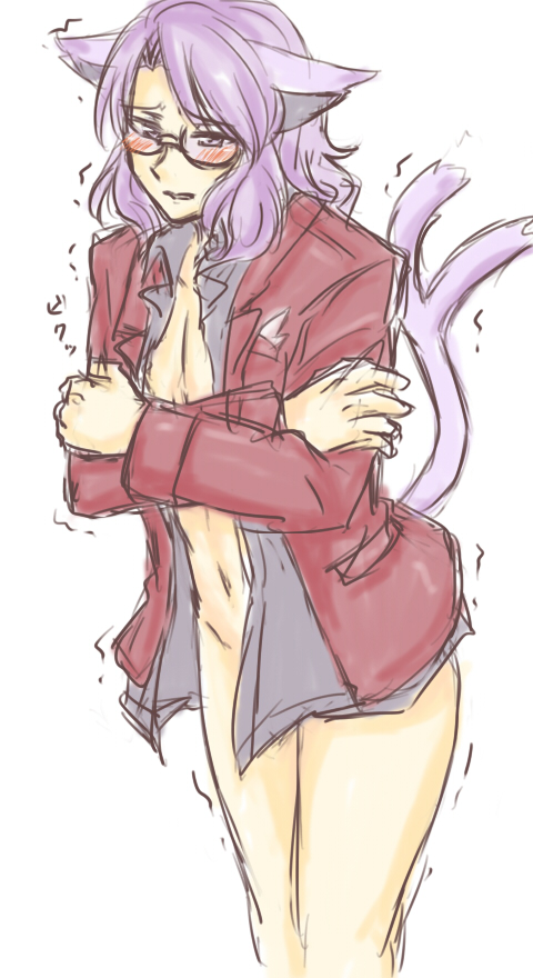 artist_request blushing espeon_(cosplay) lucian_(pokemon) pokemon purple_hair shaking tagme