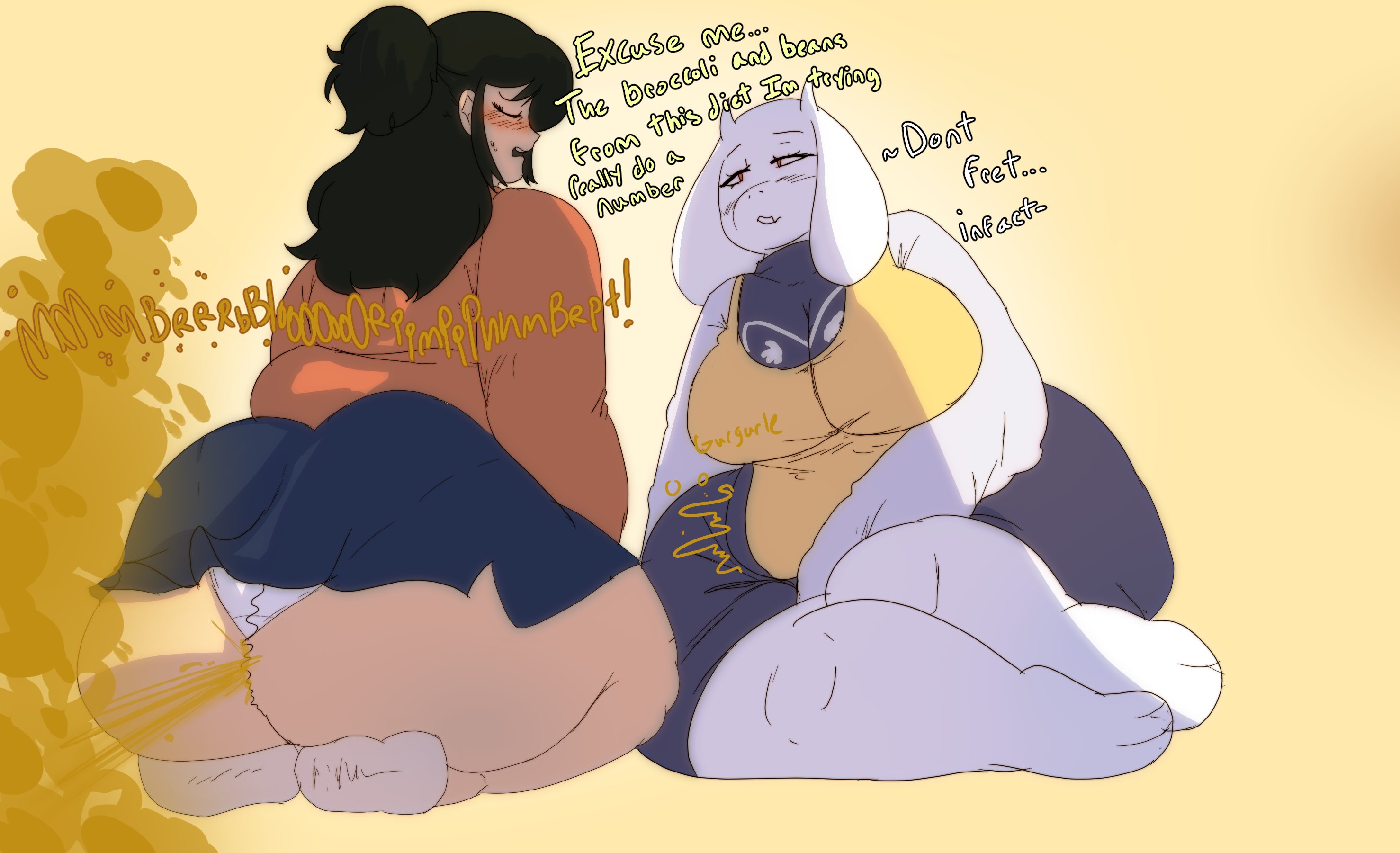 2girls, ass, bbw, bbw mom, belly noises, big ass, blush, chubby, chubby female, crossover, dialogue, fart, fart cloud, fart fetish, farting, female, female only, flustered, huge ass, inko midoriya, large ass, melissaalli, milf, my hero academia, stomach noises, text, thick thighs, toriel, undertale