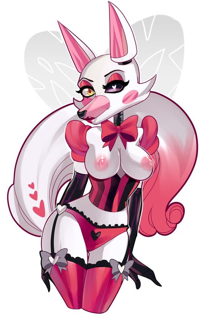 1girls, animatronic, anthro, arctic fox, black eye, bowtie, breasts, ears, exposed breasts, exposed nipples, female, five nights at freddy's, five nights at freddy's 2, fox, fox girl, furry, looking at viewer, makeup, mangle (fnaf), nipples, panties, pink fur, smile, solo, solo female, solo focus, tagme, tail, thighhighs, two-tone body, two-tone fur, white body, white fur, white pupil, yellow eye