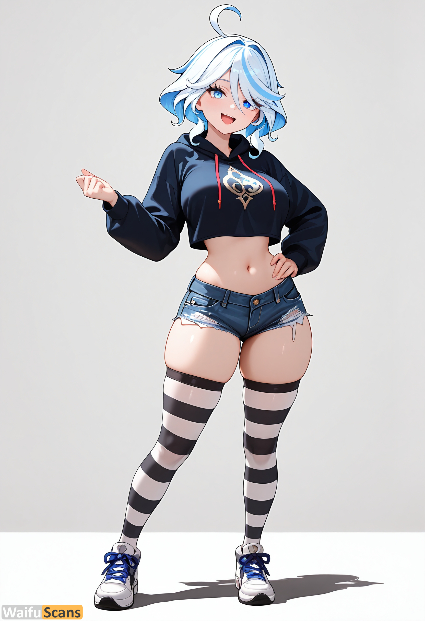 :d, ahoge, ai generated, blue eyes, blue hair, blue shorts, breasts, crop top, crop top overhang, cropped hoodie, cutoffs, denim, denim shorts, drawstring, exposed pocket, female, full body, furina (genshin impact), genshin impact, hand on hip, high resolution, highres, hood, hood down, hoodie, large breasts, long sleeves, looking at viewer, micro shorts, midriff, multicolored hair, navel, oerba yun fang, open mouth, shoes, short hair, short shorts, shorts, simple background, skindentation, smile, sneakers, solo, stable diffusion, standing, stomach, streaked hair, striped, striped thighhighs, thighhighs, thighs, waifuscans418, white footwear, white hair