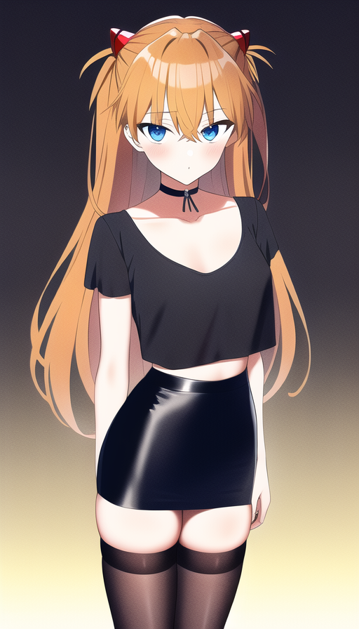 ai generated, asuka langley sohryu, black clothing, black shirt, black skirt, black socks, blue eyes, crop top, female, looking at viewer, nai diffusion, neon genesis evangelion, orange hair, pencil skirt, skirt, socks, stable diffusion, t-shirt, thigh socks, thighhighs, thighs, twintails