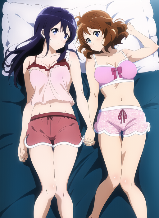 2girls ai_generated bed bedroom black_hair bra brown_hair camisole casual dolphin_shorts female female_only hibike!_euphonium holding_hands kousaka_reina loungewear lying lying_on_back midriff nai_diffusion navel on_bed oumae_kumiko pajamas pink_bra pink_shorts red_shorts shorts side_by_side stable_diffusion thighs yuri