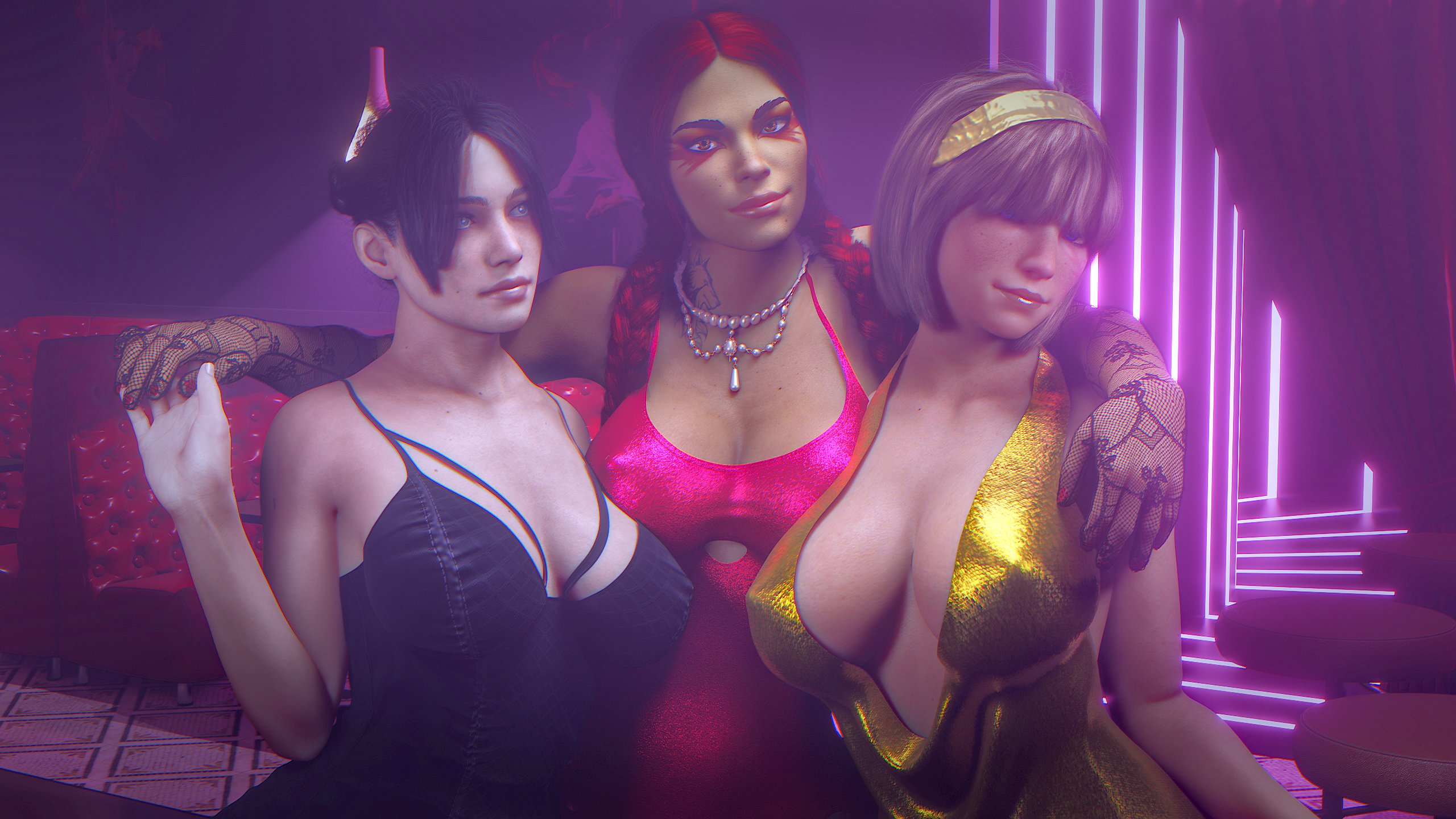 3d, 3girls, apex legends, ass, big ass, big breasts, black hair, blonde hair, braided hair, braided twintails, breadcrumb, breasts, cleavage, dark skin, dark-skinned female, dress, female, hair bun, latina, light skin, light-skinned female, loba (apex legends), pale skin, pale-skinned female, red hair, respawn entertainment, short hair, tattoo, thick thighs, wattson (apex legends), wide hips, wraith (apex legends)