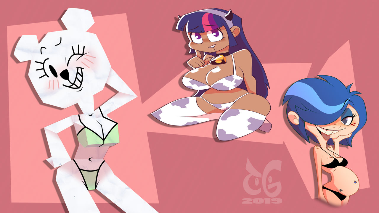 2d anthro bikini black_bikini blue_hair cow_bikini ed_edd_n_eddy female green_bikini human humanized marie_kanker my_little_pony no_penetration pregnant red_background simple_background teri_(tawog) the_amazing_world_of_gumball toongrowner twilight_sparkle_(mlp)