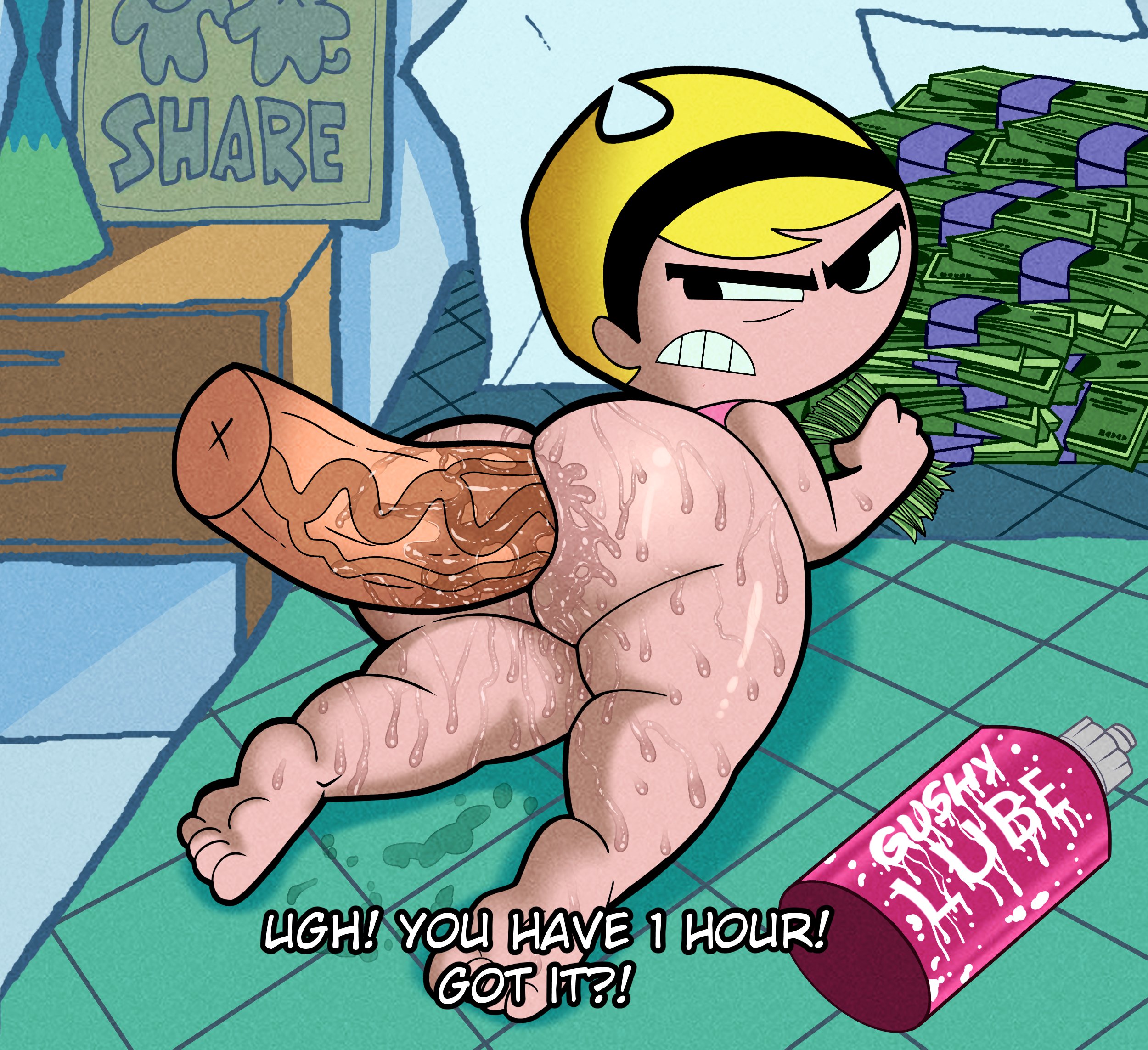 all fours, ambiguous penetration, ass, biting lip, doggy style, doompypomp, female, human, male, male/female, mandy (billy and mandy), pale skin, penis, prostitute, prostitution, text, the grim adventures of billy and mandy, young