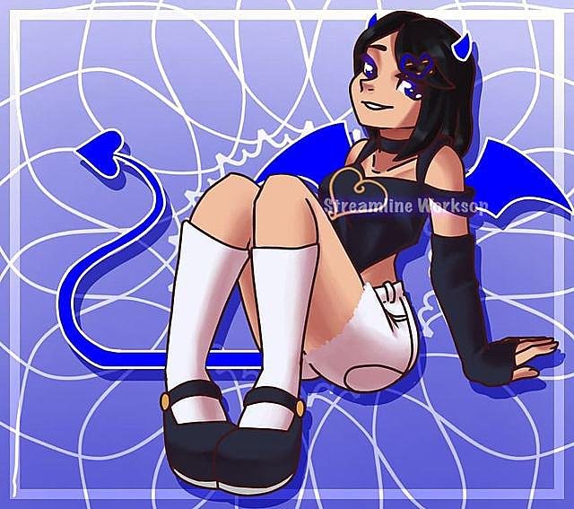 1girls blue_background choker crop_top fingerless_elbow_gloves horns iris_(streamline_workshop) knee_high_socks looking_at_viewer medium_breasts short_hair shorts sitting smile streamline_workshop tail wings