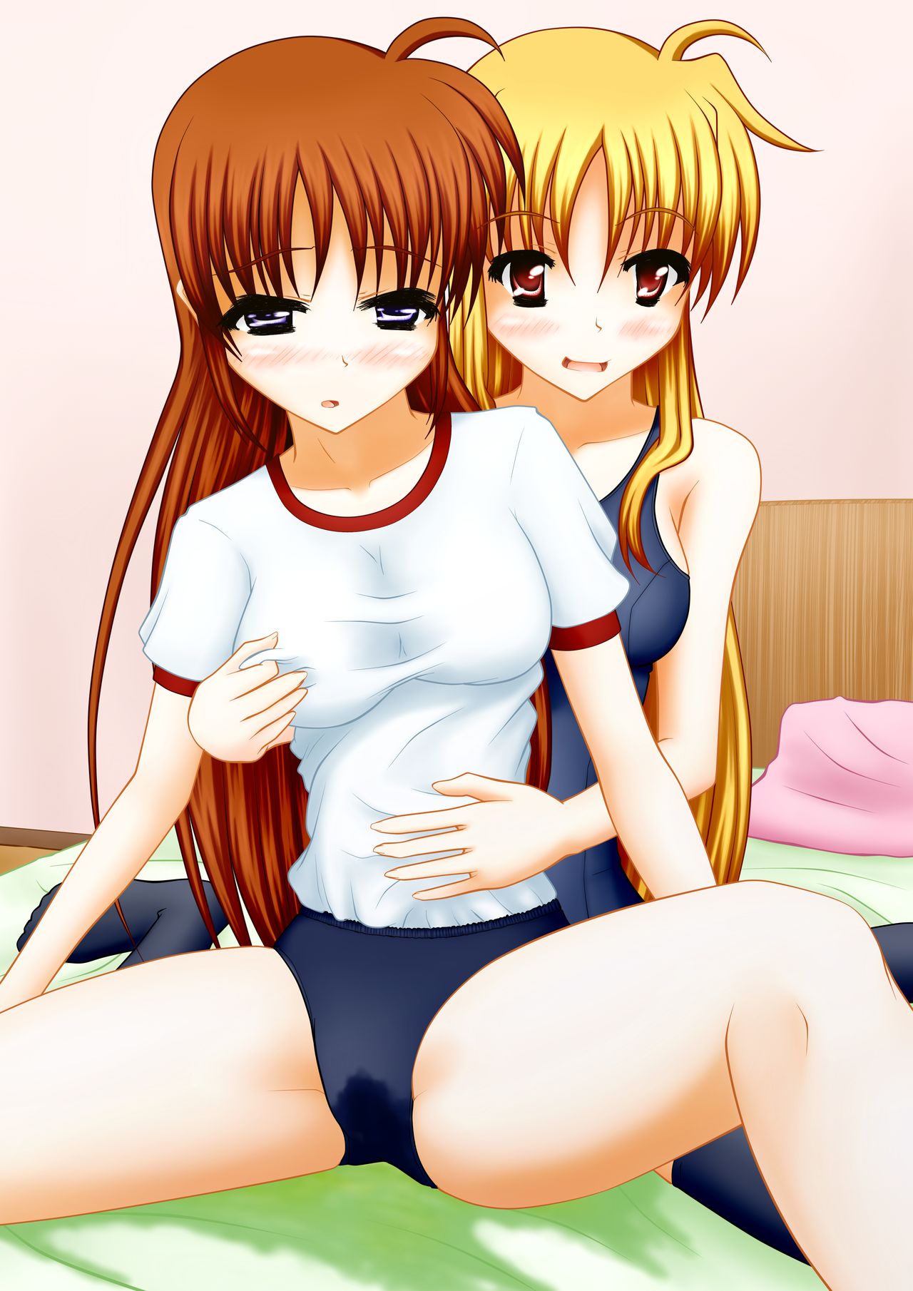 2girls bed bedwetting blonde_hair blush brown_hair casual_wetting fate_testarossa female female_only gym_shorts holding_breast leotard mahou_shoujo_lyrical_nanoha_strikers multiple_girls nanoha_takamachi on_bed panties pee_stain peeing peeing_self pullpull15 together urine urine_pool wet_panties wetting wetting_self white_shirt yuri