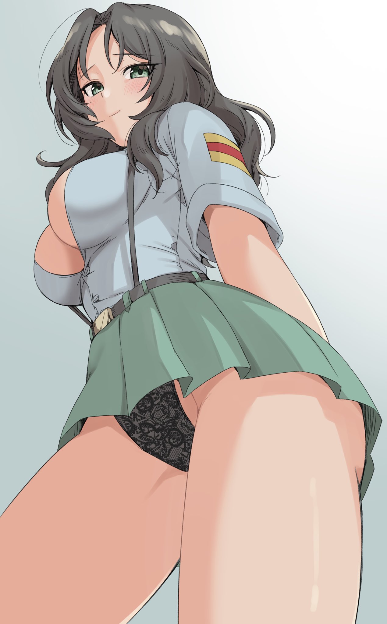 1girls, aoshidan school uniform, artist request, black panties, el (girls und panzer), female, fully clothed, girls und panzer, lace-trimmed panties, looking at viewer, looking down, panties, shy, upskirt