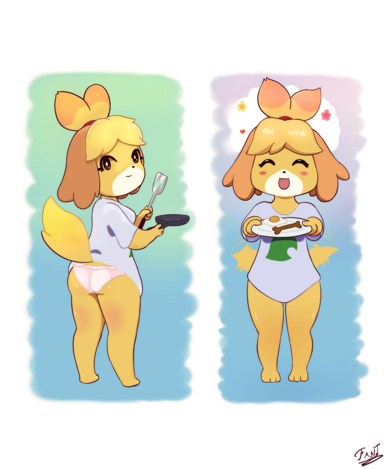 1girls 3_toes 4_fingers animal_crossing anthro ass blush blushing both_eyes_closed breakfast canine canine_humanoid closed_eyes cute fantharubi female fried_egg frying_pan isabelle_(animal_crossing) looking_at_viewer looking_back motion_blur nintendo pan panties pink_panties plate shih_tzu shirt spatula t-shirt tagme tail tail_wagging wholesome