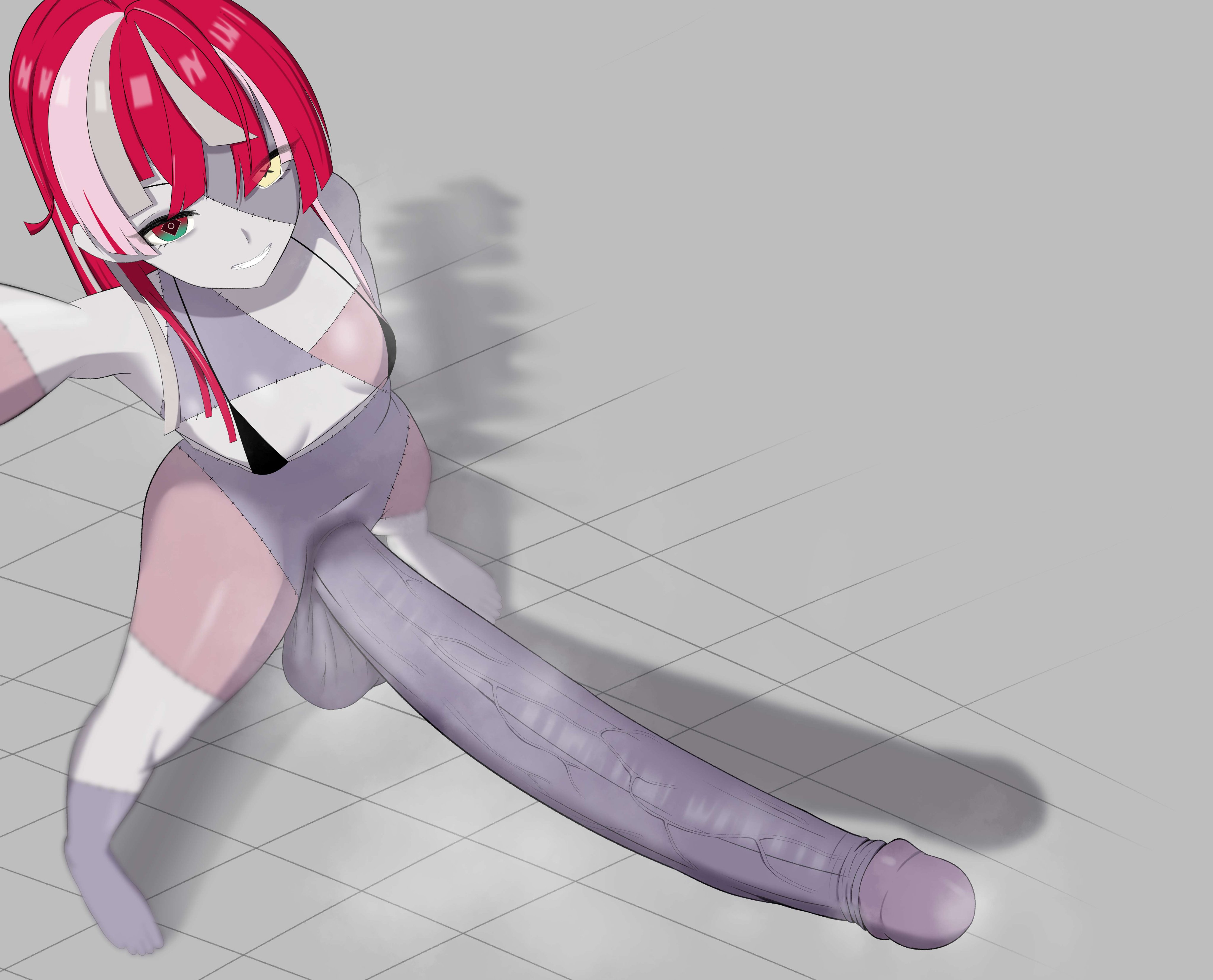1futa, balls, big balls, big penis, big testicles, bottomless, breasts, clothed, clothing, erection, female, futa only, futanari, gigantic penis, grey skin, high-angle view, hololive, hololive indonesia, huge balls, huge penis, huge testicles, humanoid, humanoid penis, hyper, hyper penis, intersex, kureiji ollie, large penis, long hair, long penis, looking at viewer, looking up, lurenjia, mostly nude, nelson94613, penis, red hair, small breasts, solo, standing, testicles, uncensored, virtual youtuber, zombie, zombie girl
