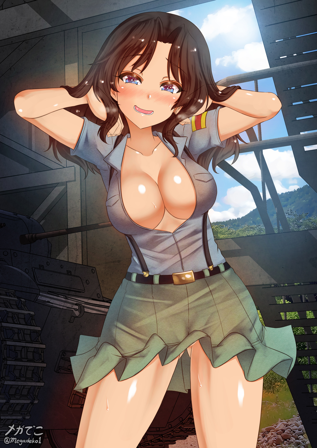 1girls, aoshidan school uniform, aquaegg, black hair, blue eyes, breasts, cameltoe, cleavage, dark skin, dark-skinned female, el (girls und panzer), female, girls und panzer, huge breasts, large breasts, looking at viewer, pussy, skirt, tagme, thighs