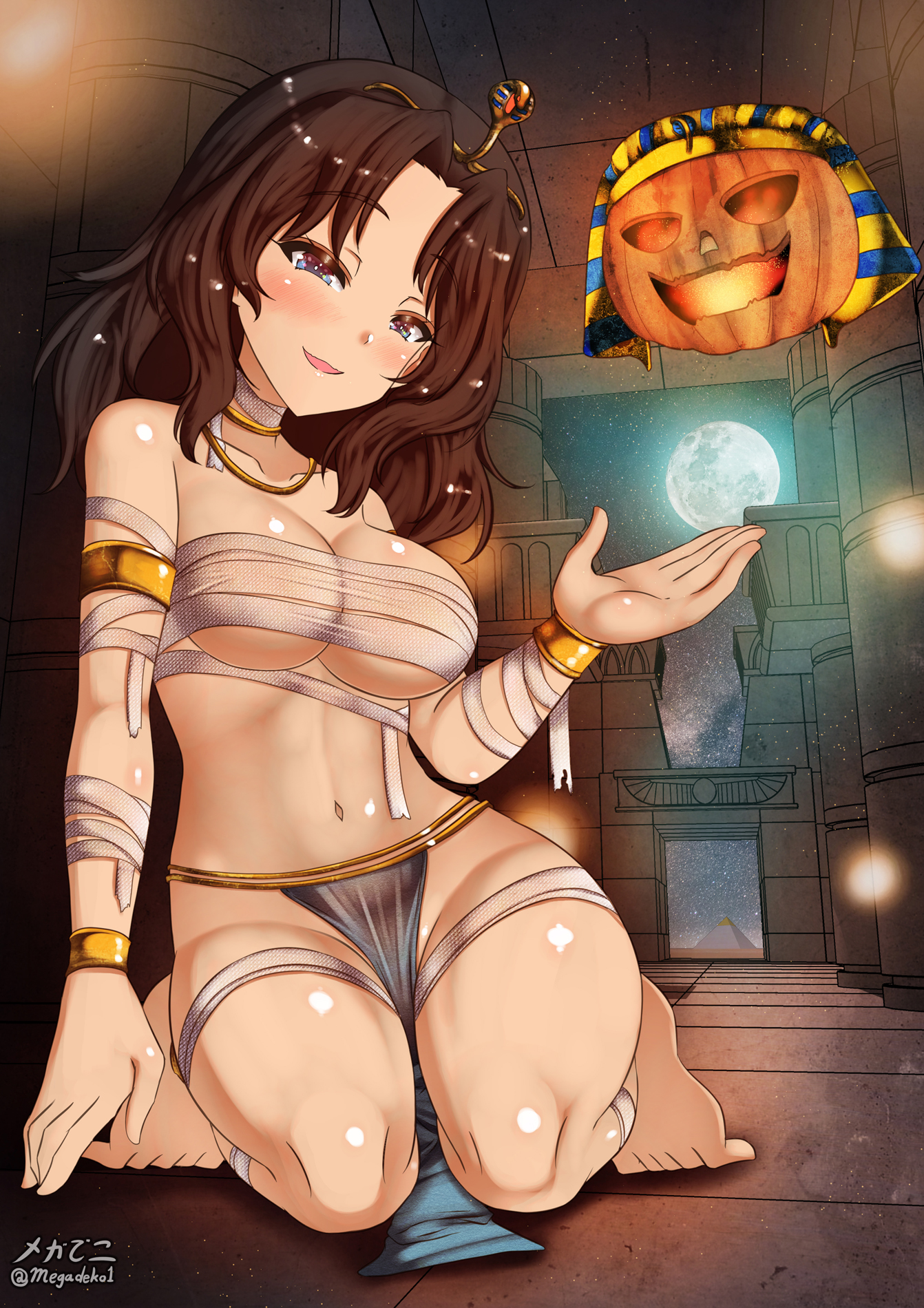 1girls, aquaegg, black hair, blue eyes, blush, breasts, cleavage, costume, el (girls und panzer), female, girls und panzer, halloween, huge breasts, large breasts, looking at viewer, mummy costume, mummy wrappings, open mouth, thighs