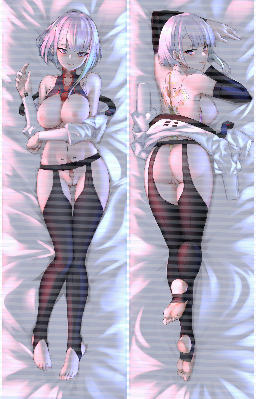 1girls barefoot big_ass big_breasts cameltoe cd_projekt_red cyberpunk:_edgerunners cyberpunk_2077 dakimakura dakimakura_design feet female female_only latex looking_at_viewer lucyna_kushinada lying lying_on_back mr.blackcat666 pillow pillow_cover studio_trigger thick_thighs