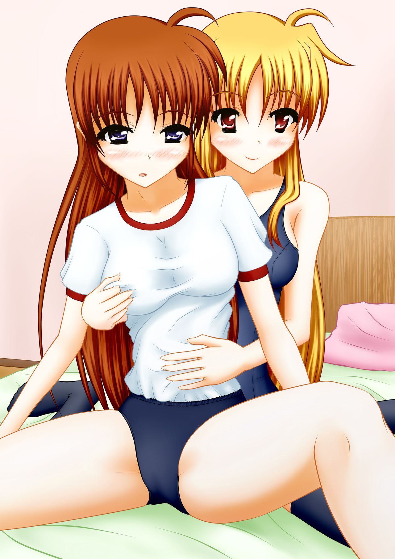 2girls bed blonde_hair brown_hair fate_testarossa female female_only gym_shorts leotard mahou_shoujo_lyrical_nanoha_strikers multiple_girls nanoha_takamachi on_bed panties pullpull15 together white_shirt