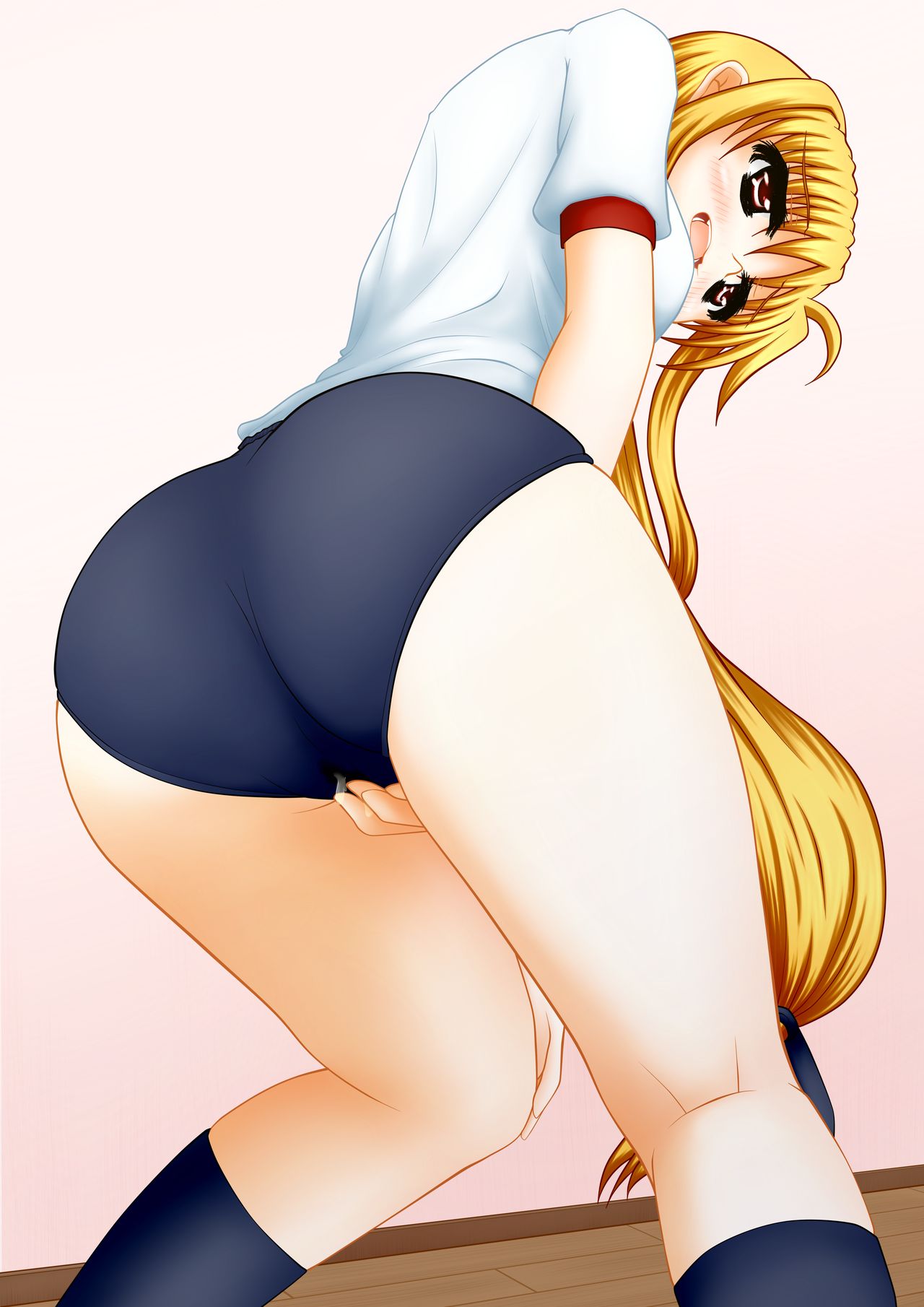 ass ass blonde_hair covering_crotch fate_testarossa gym_shorts gym_uniform hand_on_crotch looking_at_viewer looking_back mahou_shoujo_lyrical_nanoha_strikers peeing pullpull15 urine