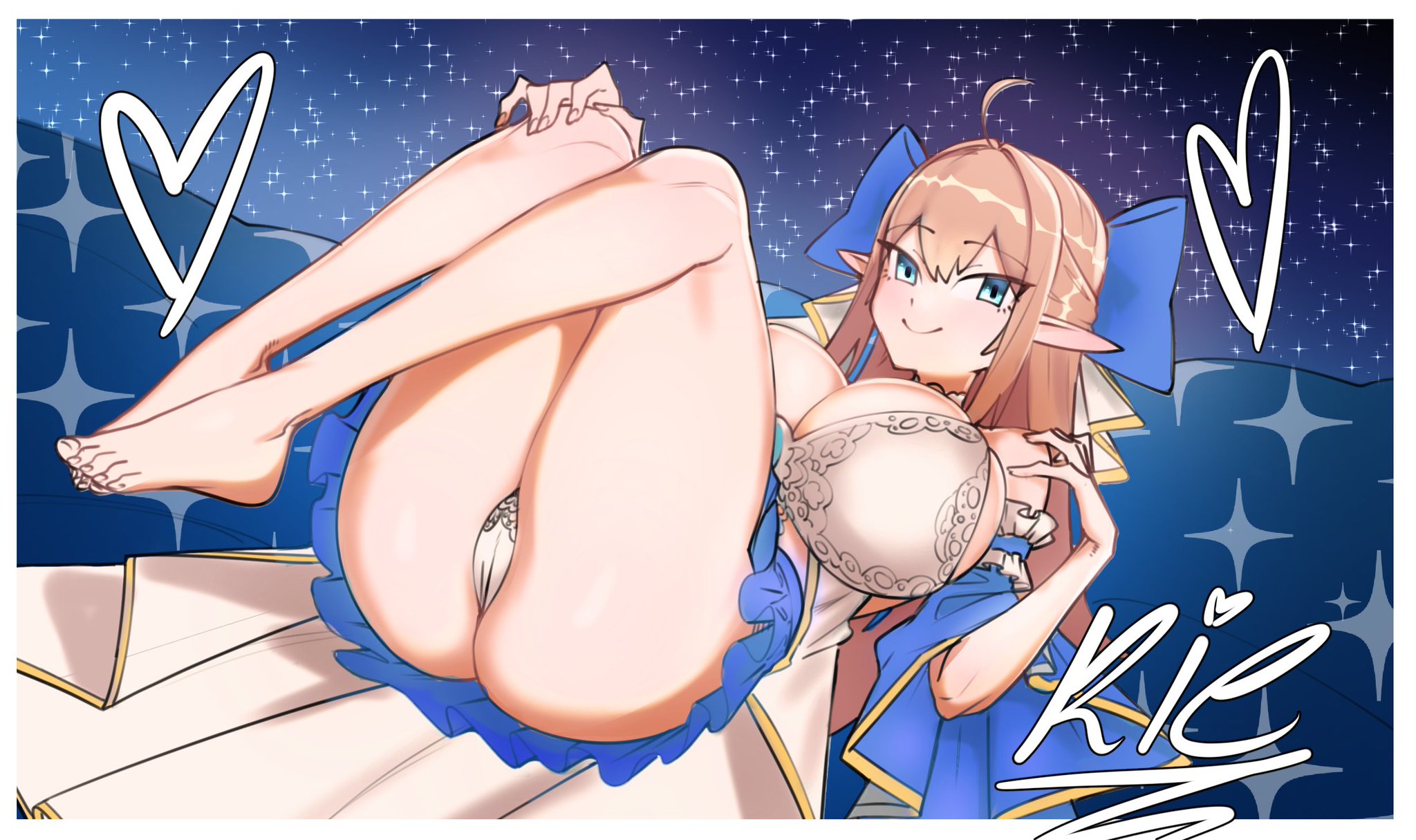 1girls, barefoot, big breasts, blue eyes, breasts, elf, eyebrows visible through hair, female, female only, hair ribbon, heart, indie virtual youtuber, kie kyoko, light brown hair, light skin, light-skinned female, minkye, panties, pantyshot, pointy ears, smile, solo, virtual youtuber