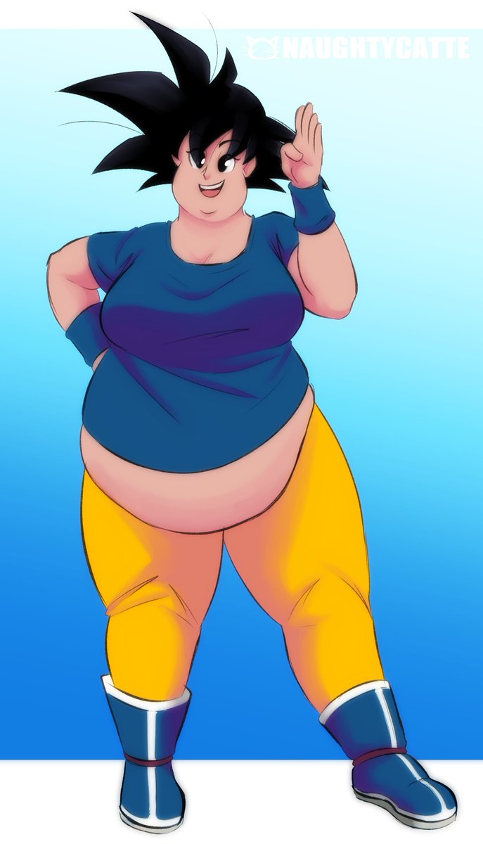 bbw belly big_belly big_breasts black_hair blue_shirt boots breasts chubby chubby_cheeks chubby_female double_chin dragon_ball dragon_ball_super dragon_ball_z fat fat_fetish fat_woman fetish friendly goku kink loose_clothes naughtycatte orange_pants overweight overweight_female plump rule_63 saiyan smile smiling son_goku spiky_hair underbelly wristband