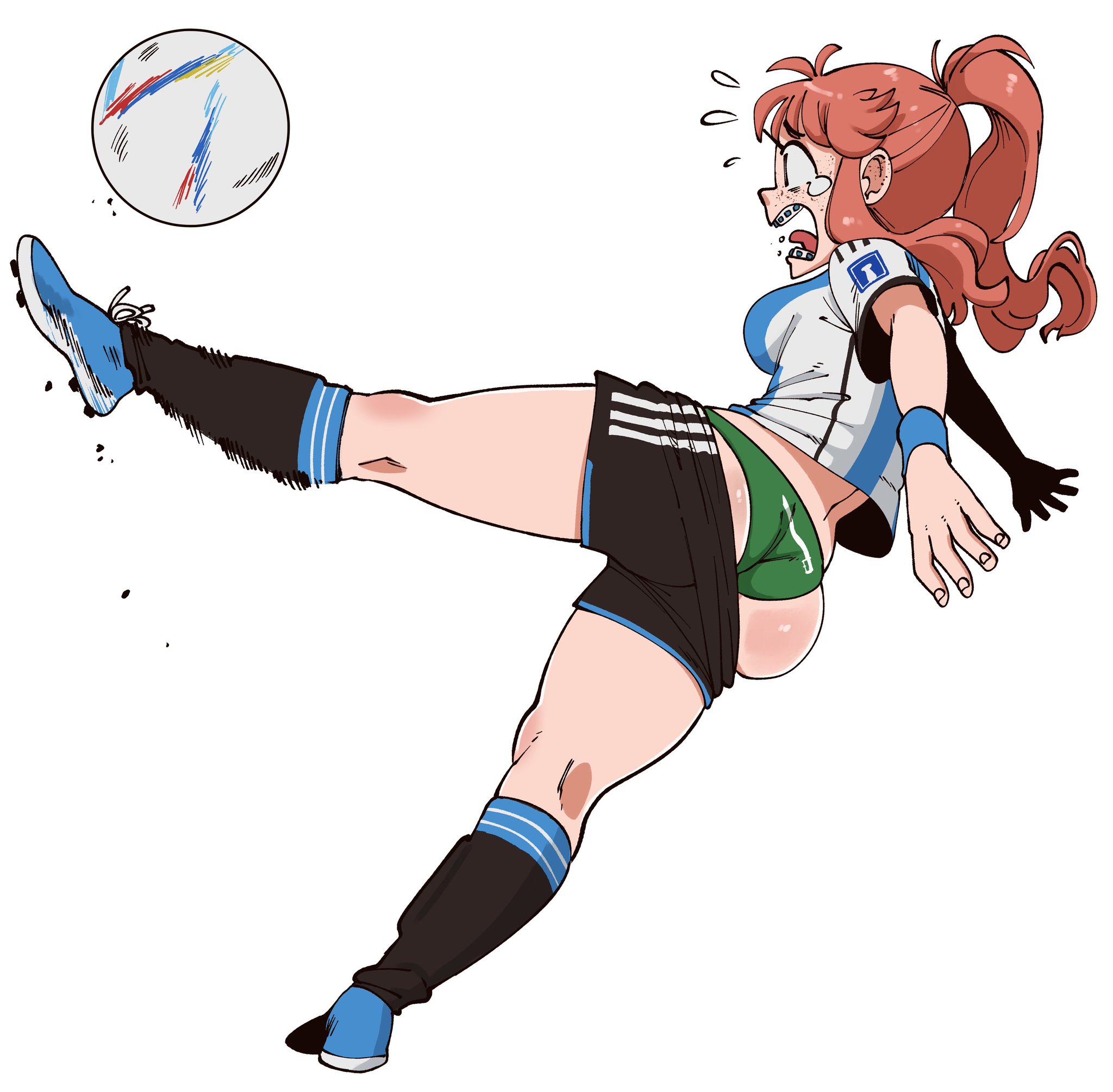 accidental exposure, argentina, artist request, ass, big ass, big breasts, breasts, exhibitionism, female, football uniform, glasses, red hair, scary, world cup